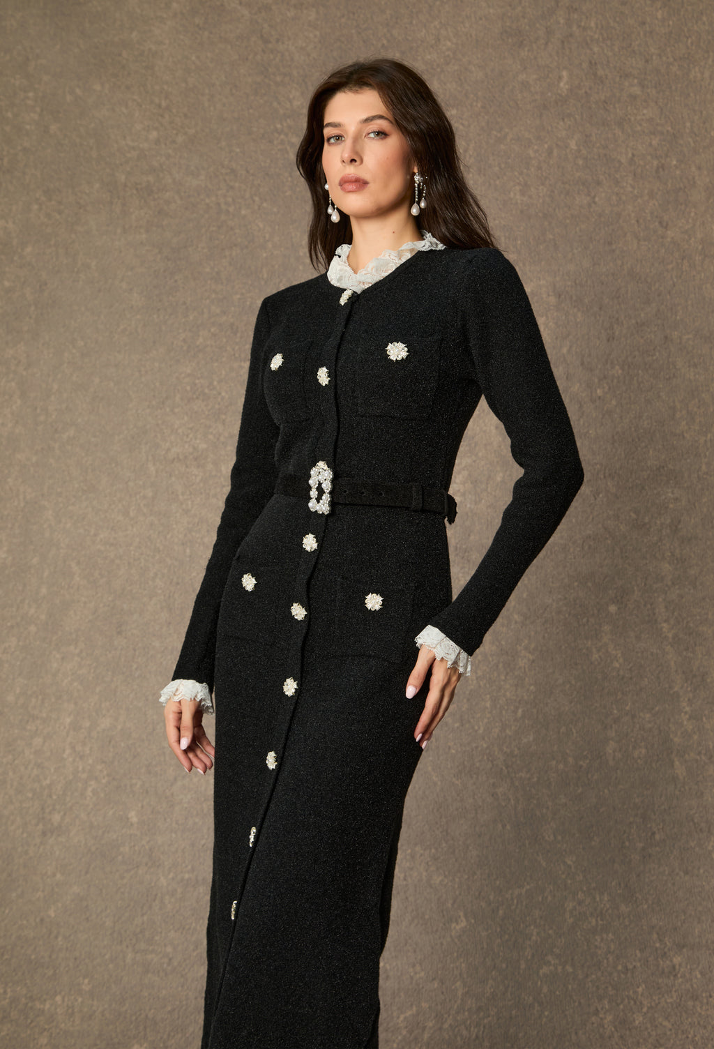 Classic Poise Black Ruffle Trim Knit Midi Dress