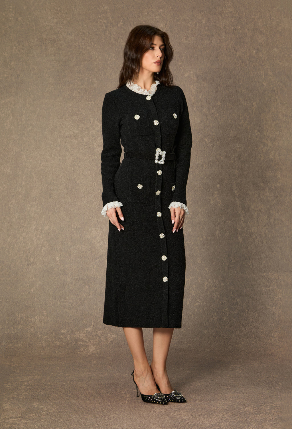 Classic Poise Black Ruffle Trim Knit Midi Dress