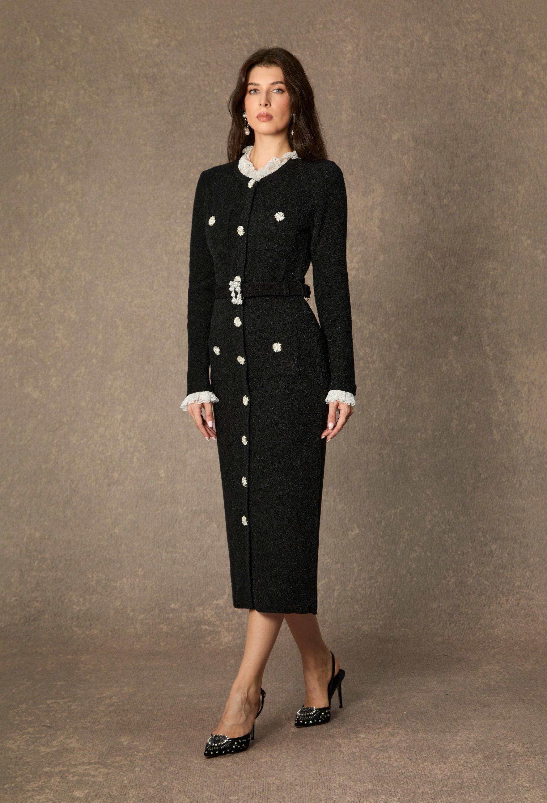 Classic Poise Black Ruffle Trim Knit Midi Dress