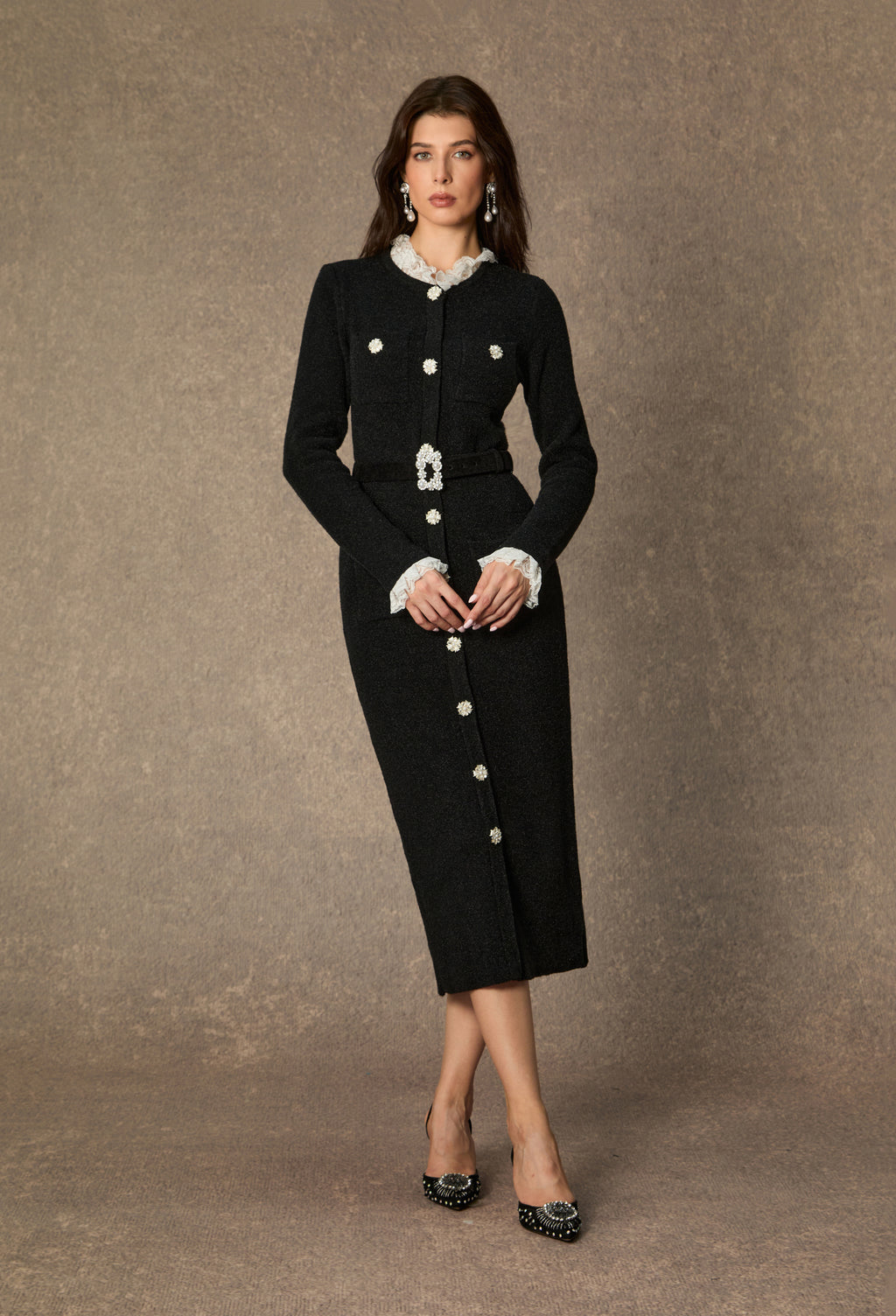 Classic Poise Black Ruffle Trim Knit Midi Dress