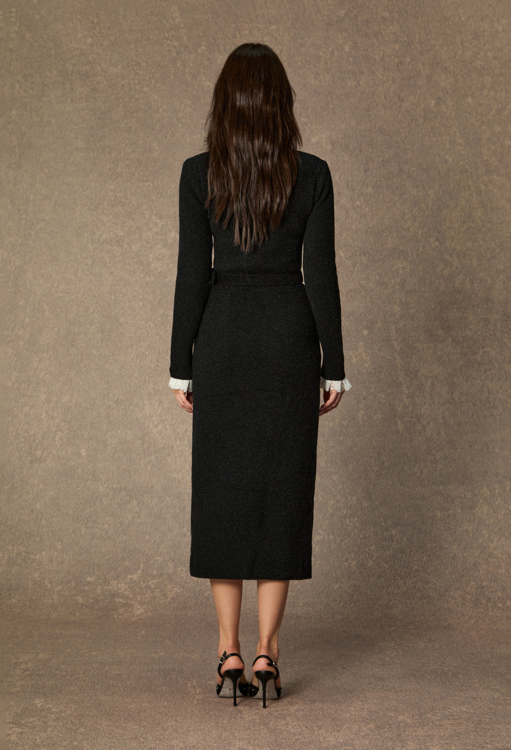 Classic Poise Black Ruffle Trim Knit Midi Dress