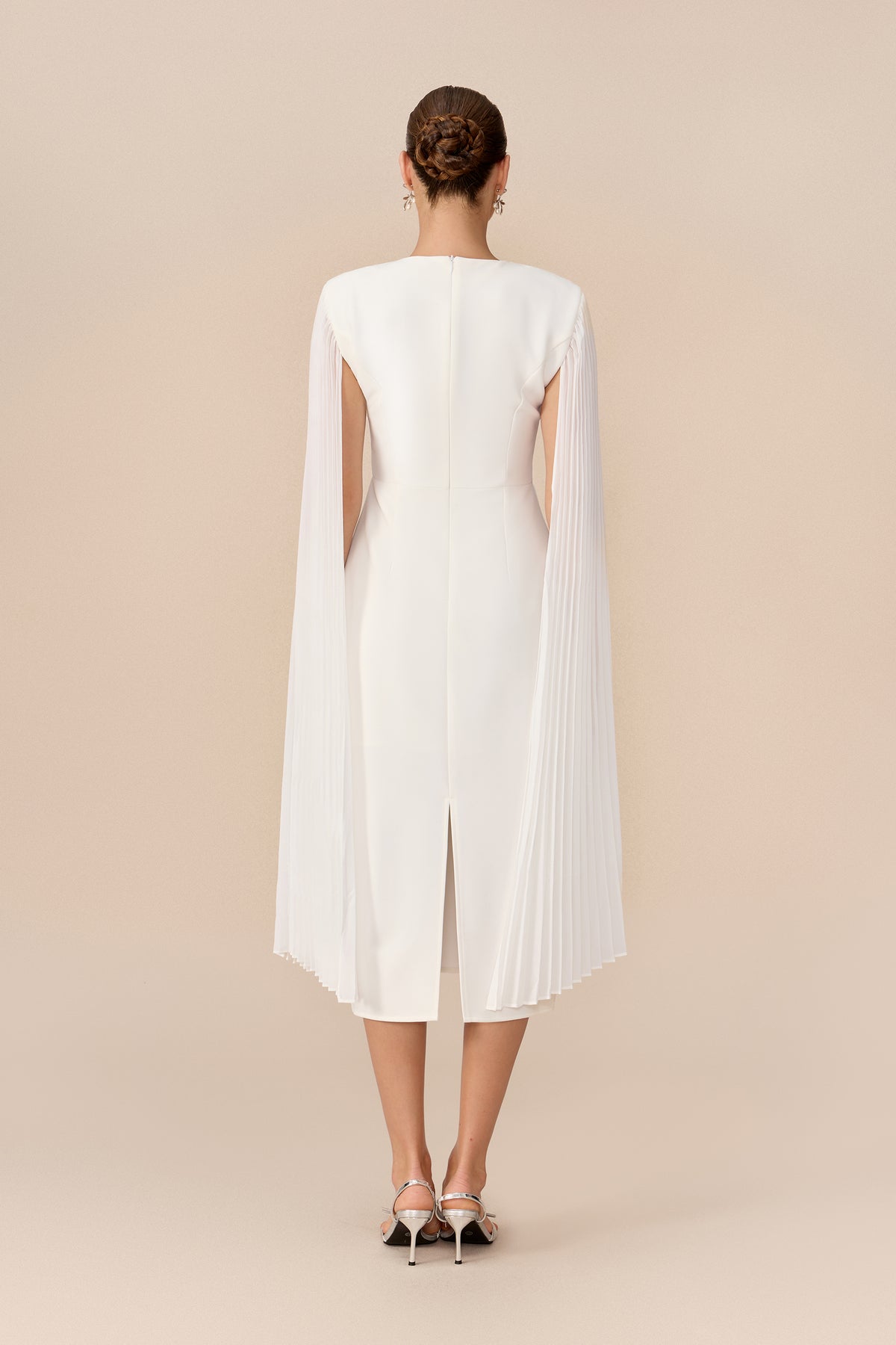 Pure Elegance White Pleated Cape Round Neck Midi Dress