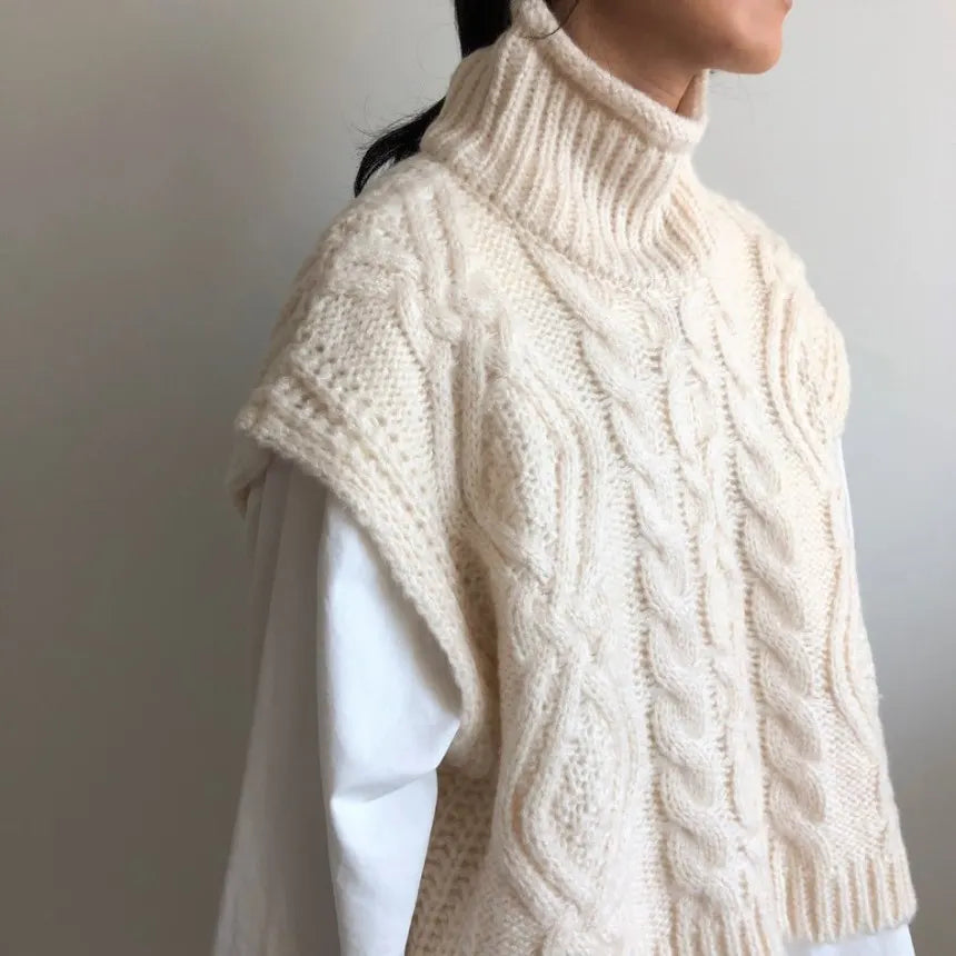 Vintage turtleneck hemp pattern loose knit sweater vest