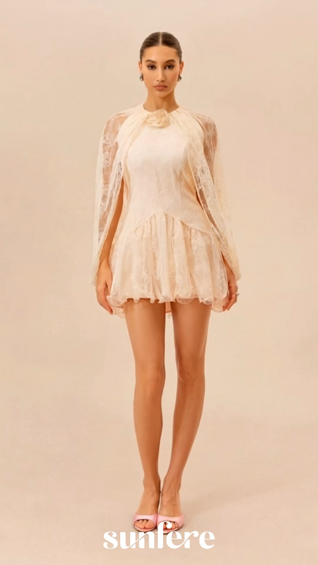 Sunday Stroll Apricot Cape Sleeve Floral Lace Mini Dress