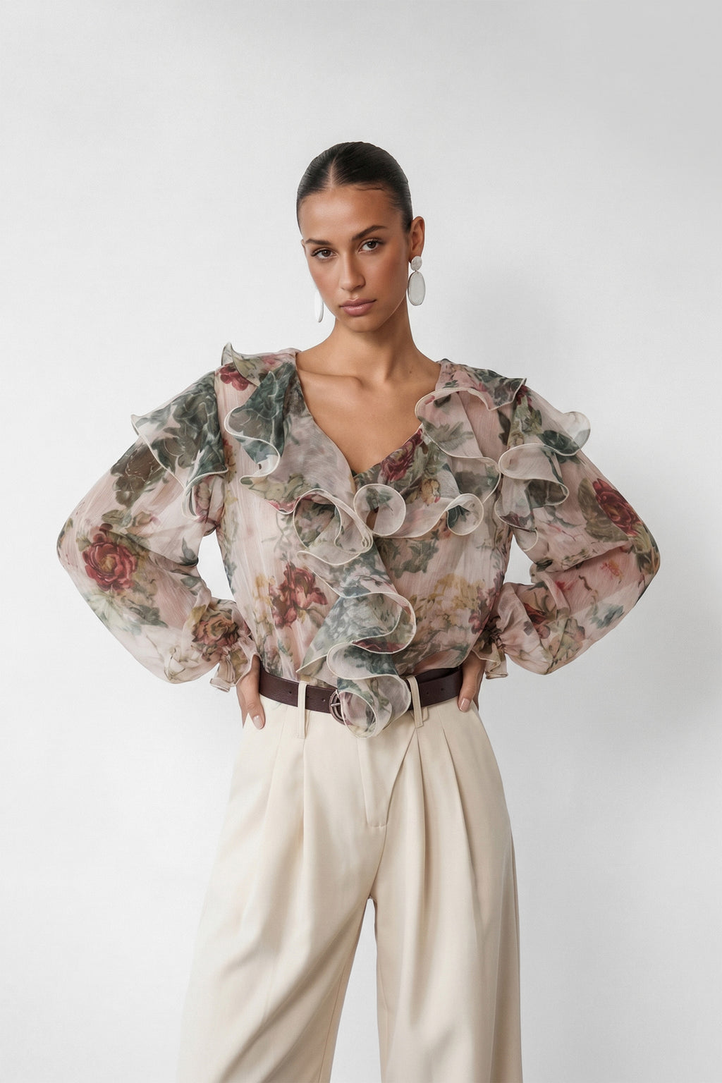 Pretty Moment Multi Floral Print Ruffle Chiffon Blouse