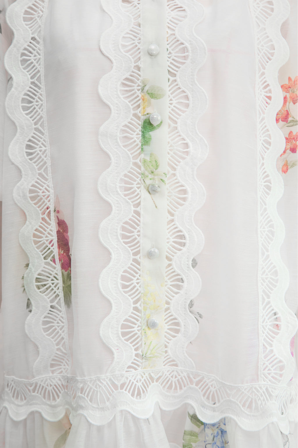 Whimsical Beauty Cream White Floral Print Lace Trim Mini Dress