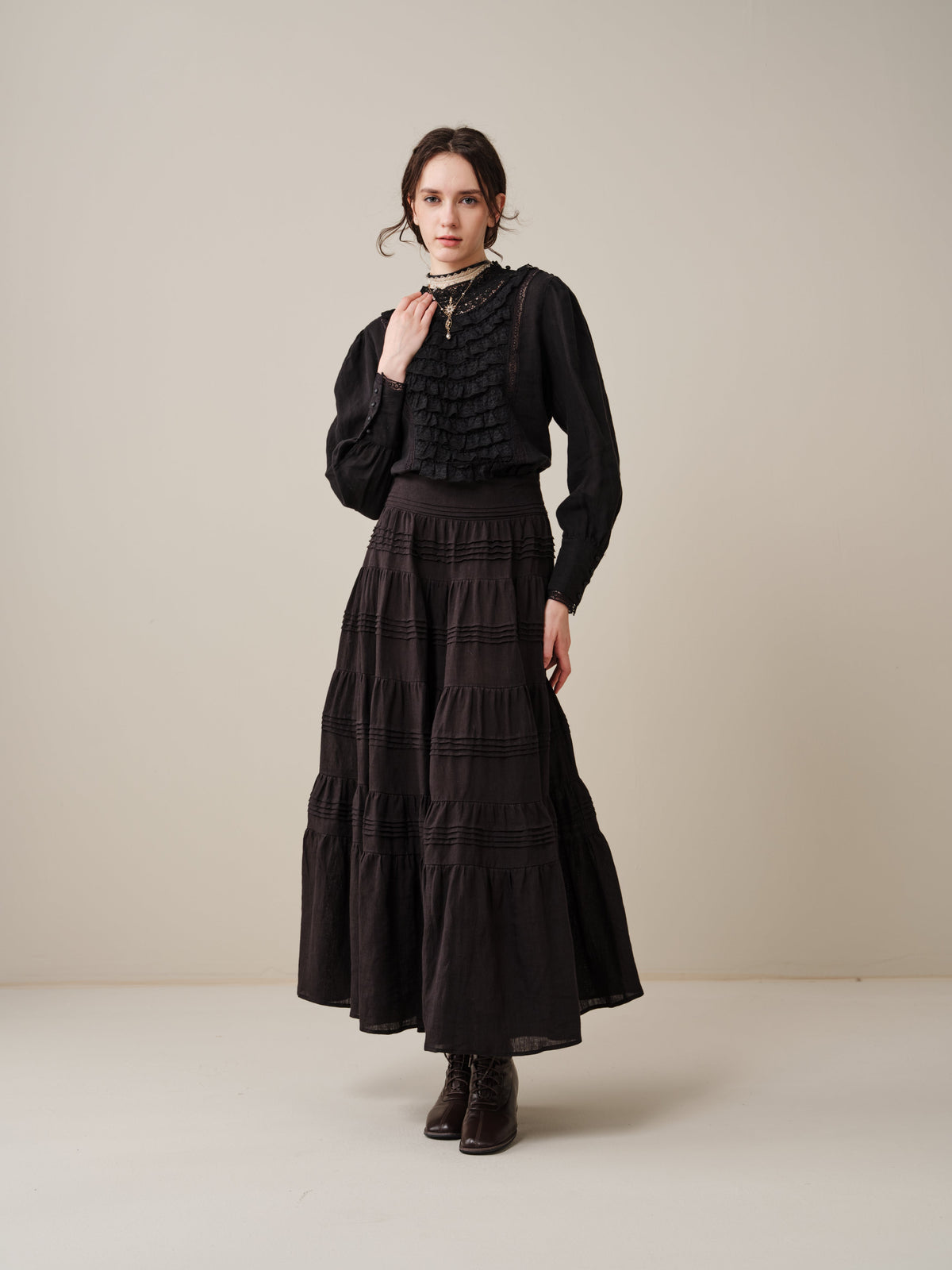 Stella 06 | Ruffled High-Neck Linen Blouse