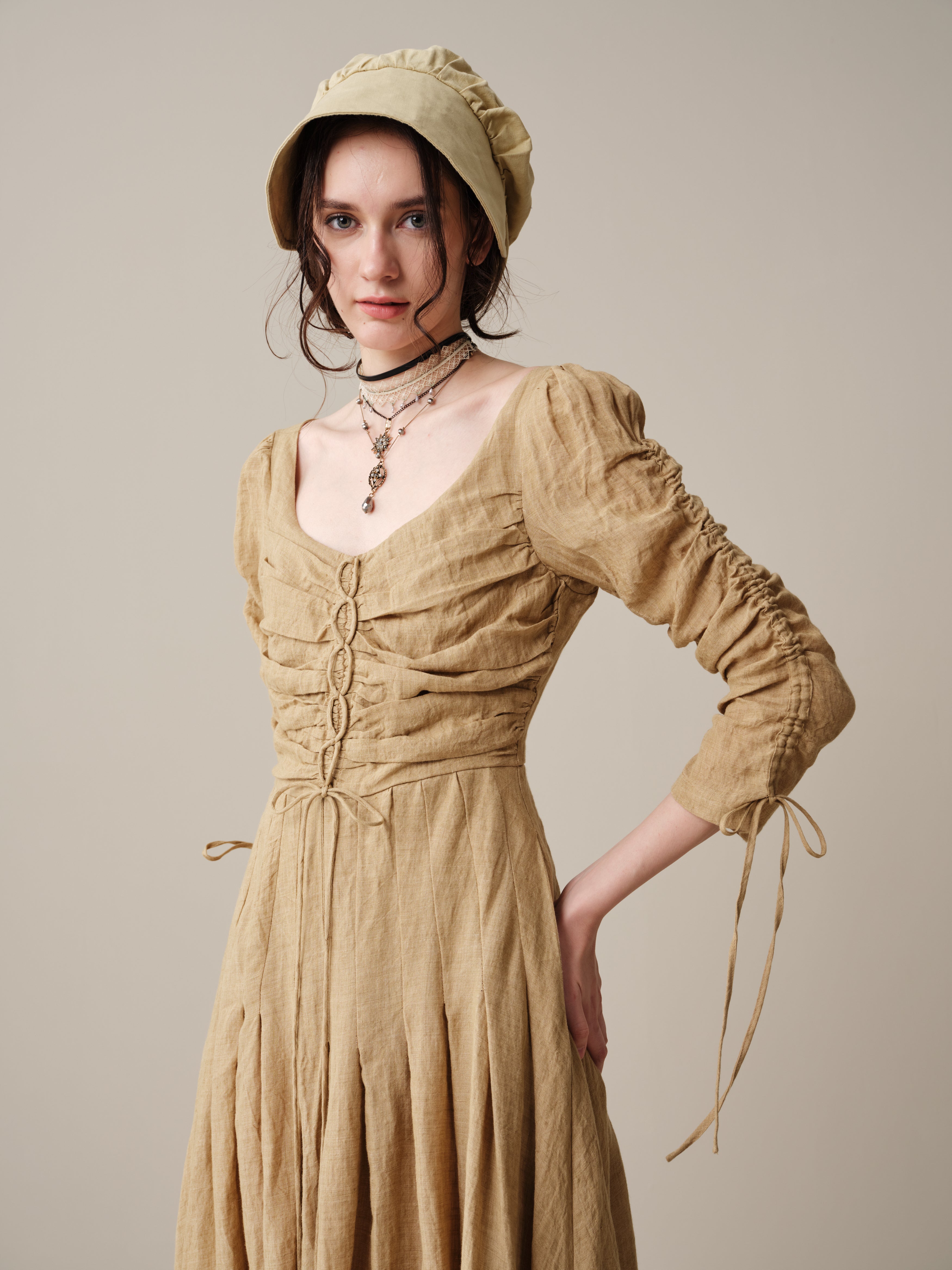 Emma 11 | Lace-Up Ruched Linen Maxi Dress