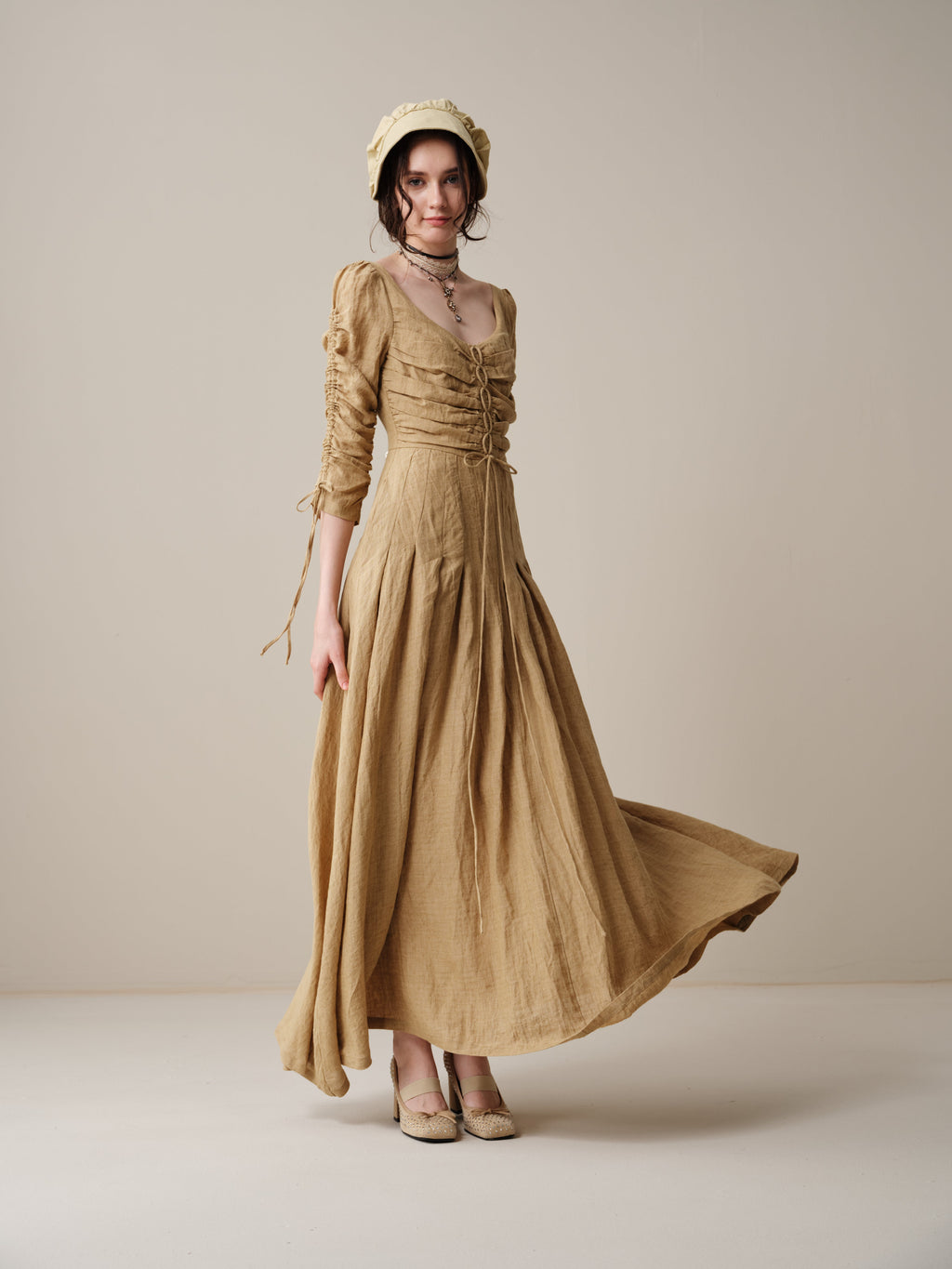 Emma 11 | Lace-Up Ruched Linen Maxi Dress