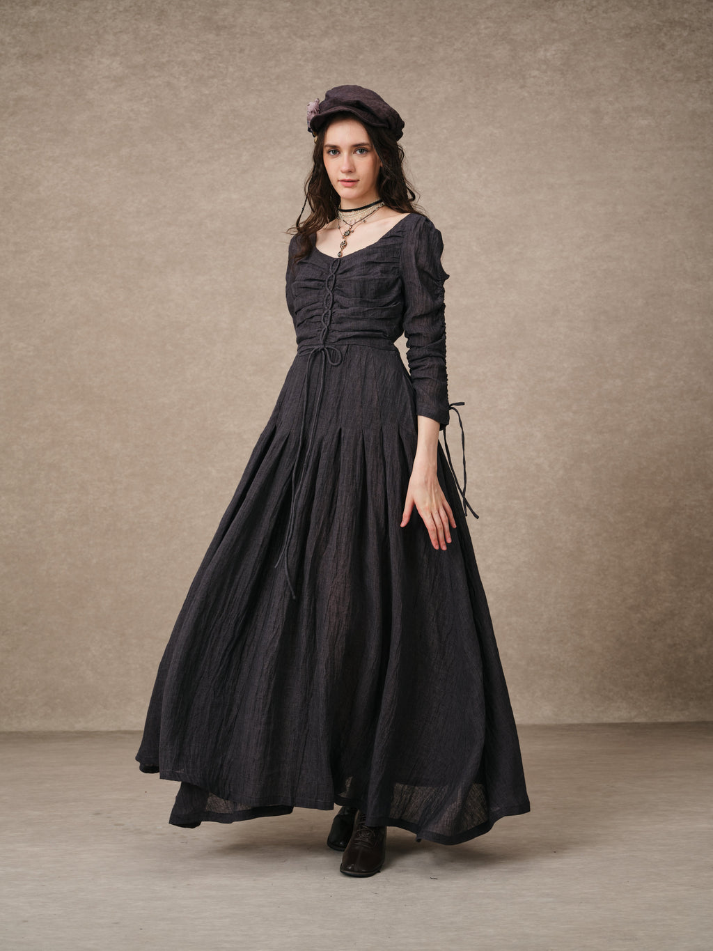 Emma 11 | Lace-Up Ruched Linen Maxi Dress