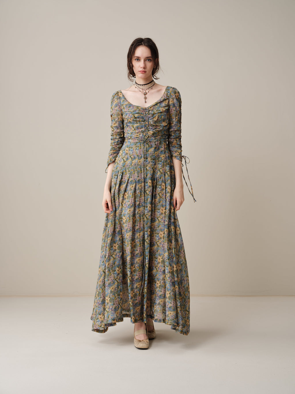 Emma 11 | Lace-Up Ruched Linen Maxi Dress