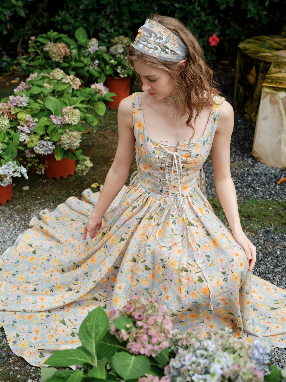 Adelia 17 | lace up daisy linen dress
