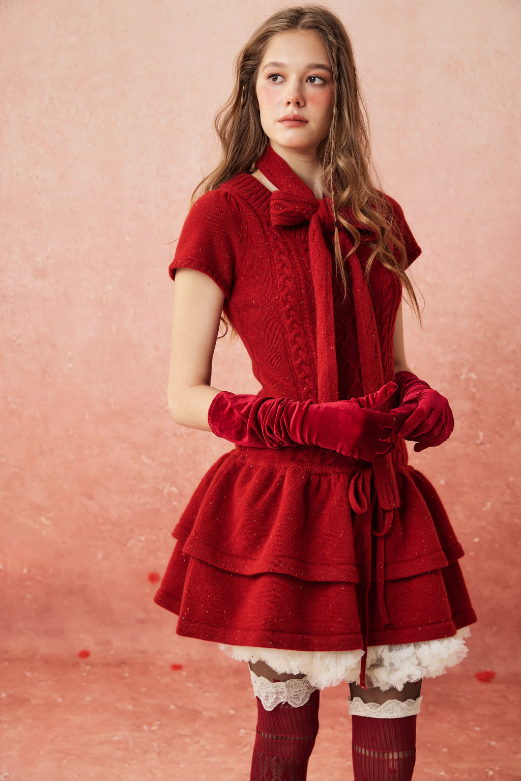 Lilypond 13 | 100% Wool Cable Knit Tiered Dress with scarf