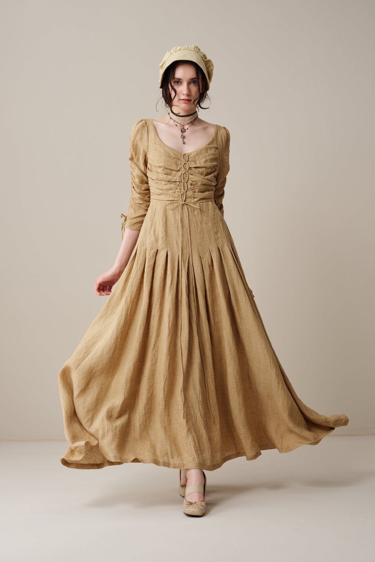 Emma 11 | Lace-Up Ruched Linen Maxi Dress