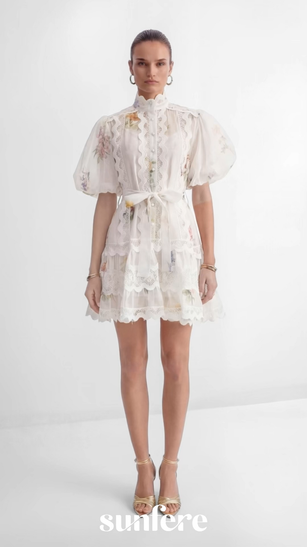Whimsical Beauty Cream White Floral Print Lace Trim Mini Dress