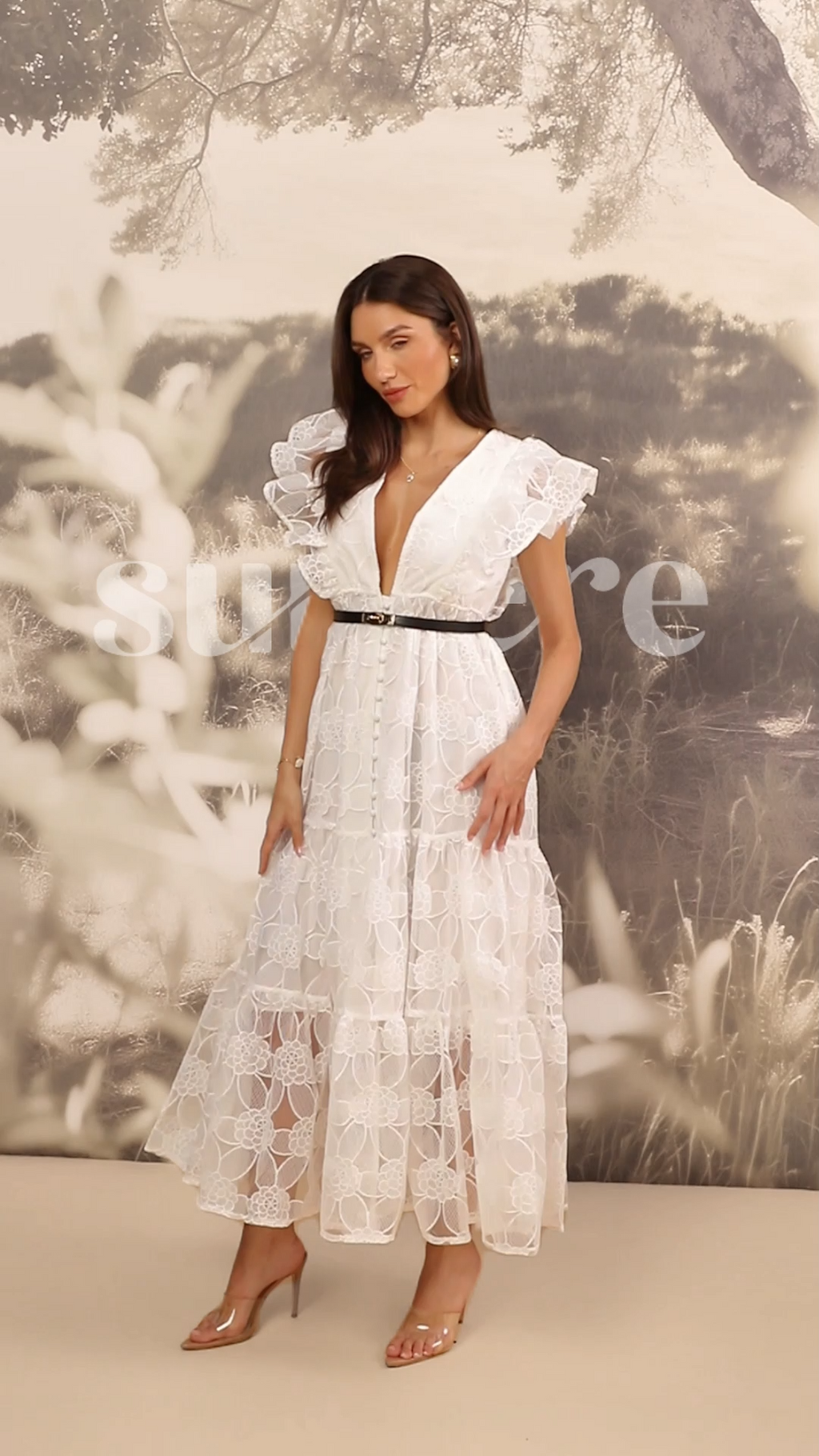 Luna Deep V-Neck Sheer Lace Maxi Dress