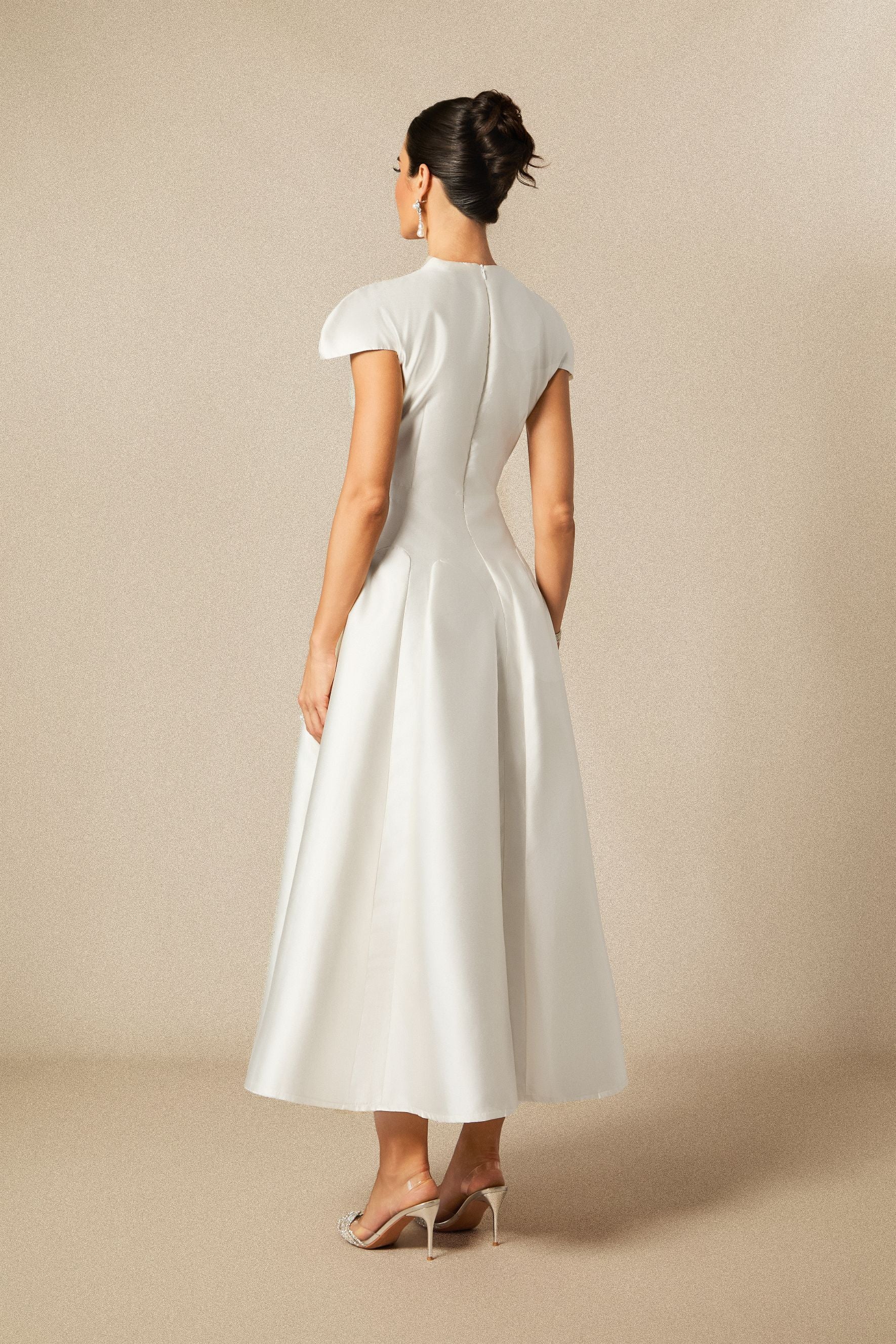 Tiana Cap Sleeve V-Neck Satin Midi Dress