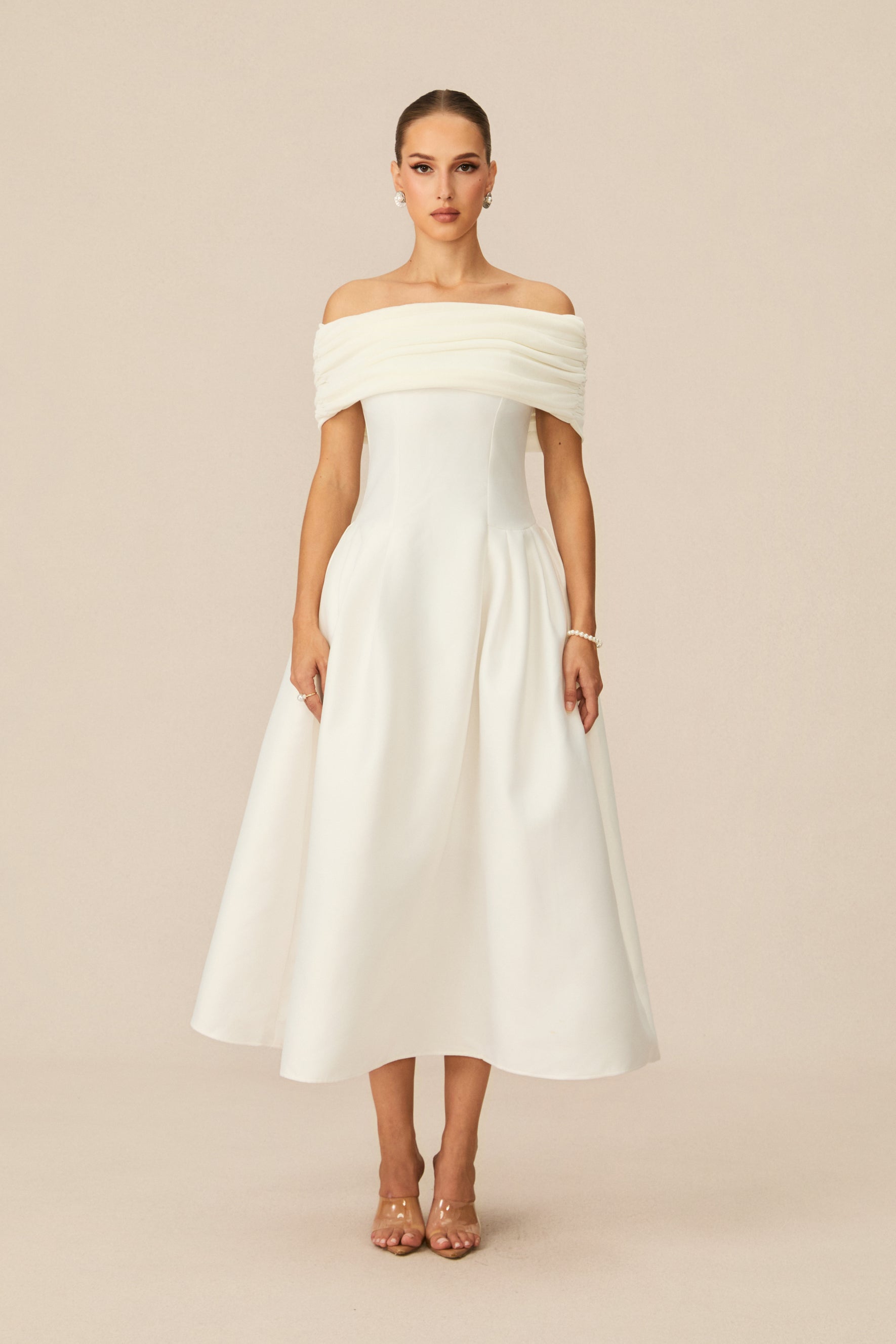 Vivian Off Shoulder Flare Satin Midi Dress