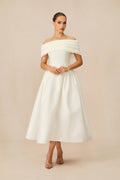 Vivian Off Shoulder Flare Satin Midi Dress