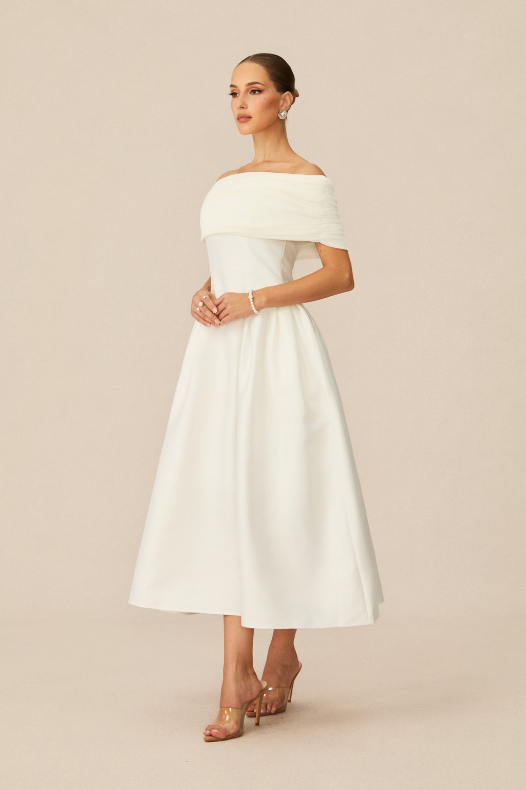 Vivian Off Shoulder Flare Satin Midi Dress