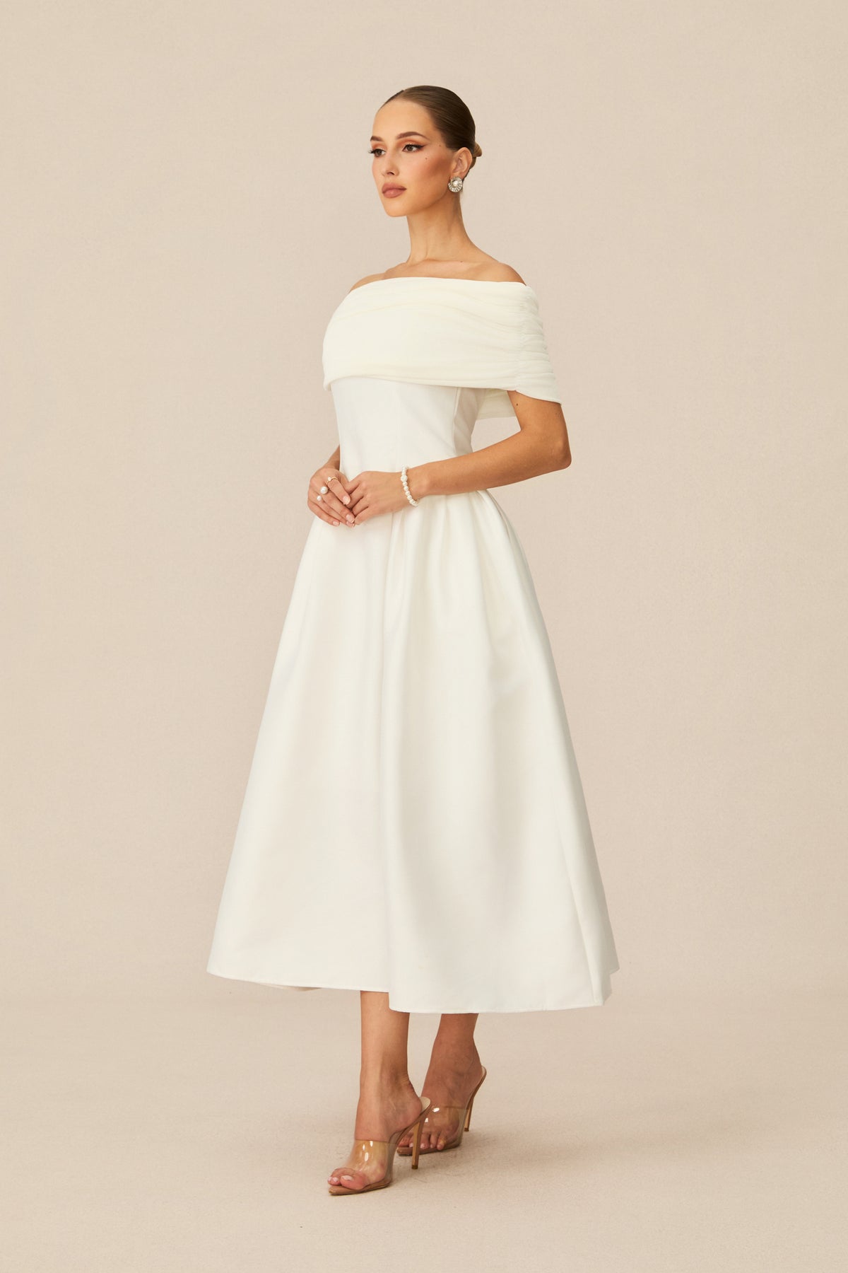Vivian Off Shoulder Flare Satin Midi Dress