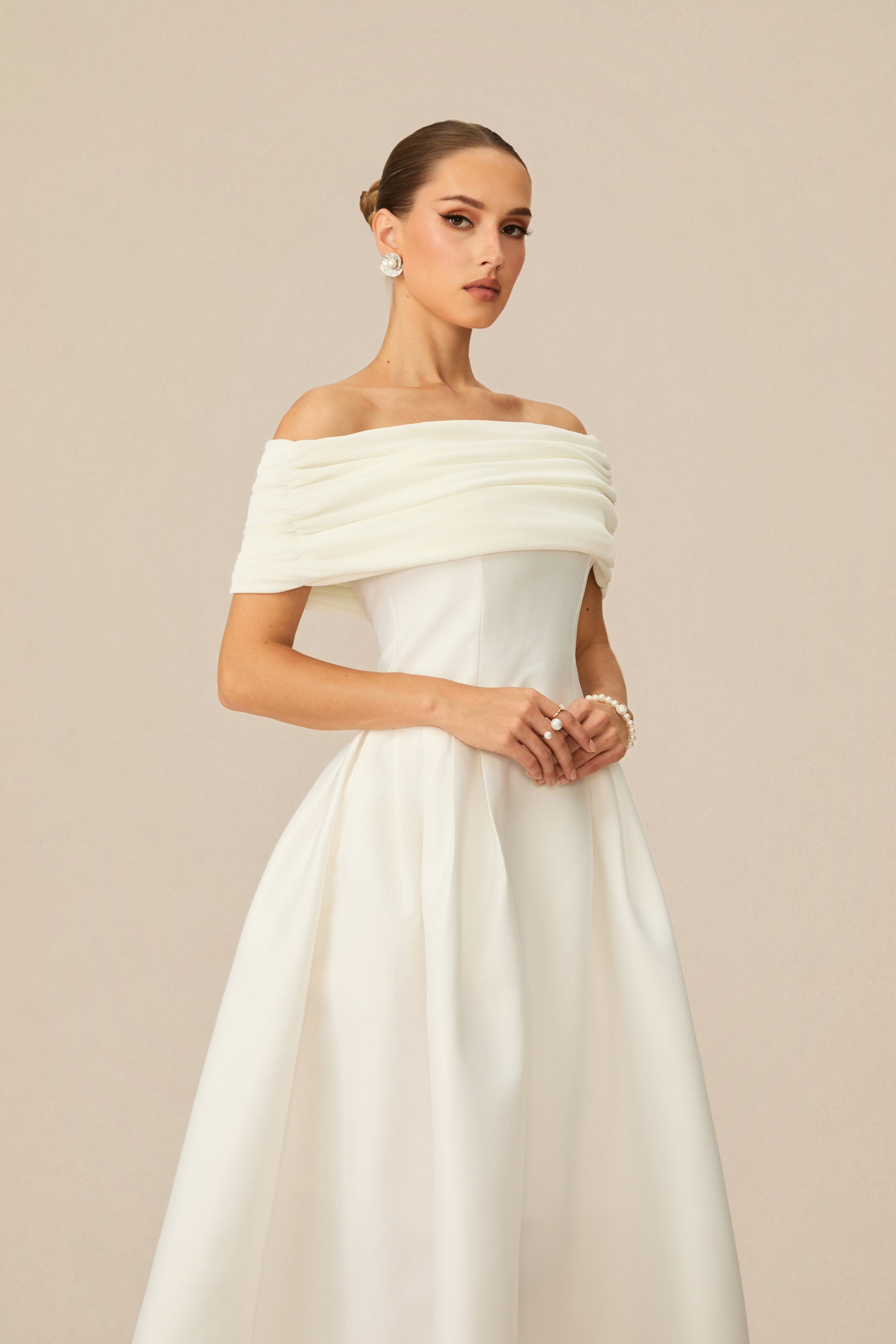 Vivian Off Shoulder Flare Satin Midi Dress