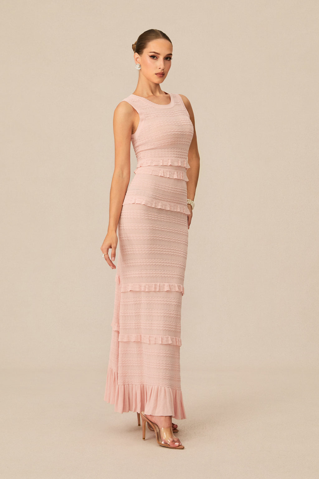 Cute Simplicity Pink Textured Knit Maxi Dress & Cardigan Set
