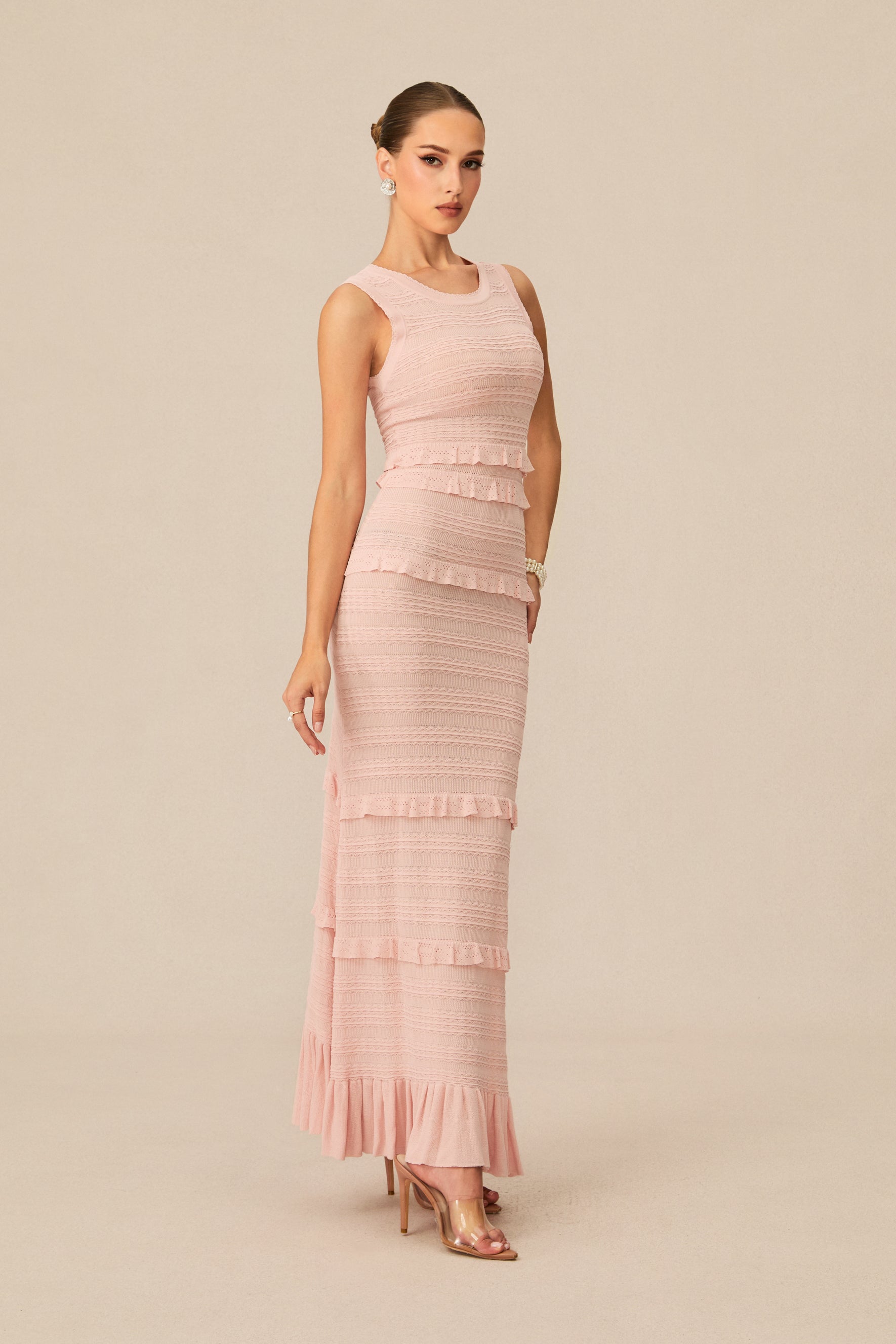 Cute Simplicity Pink Textured Knit Maxi Dress & Cardigan Set