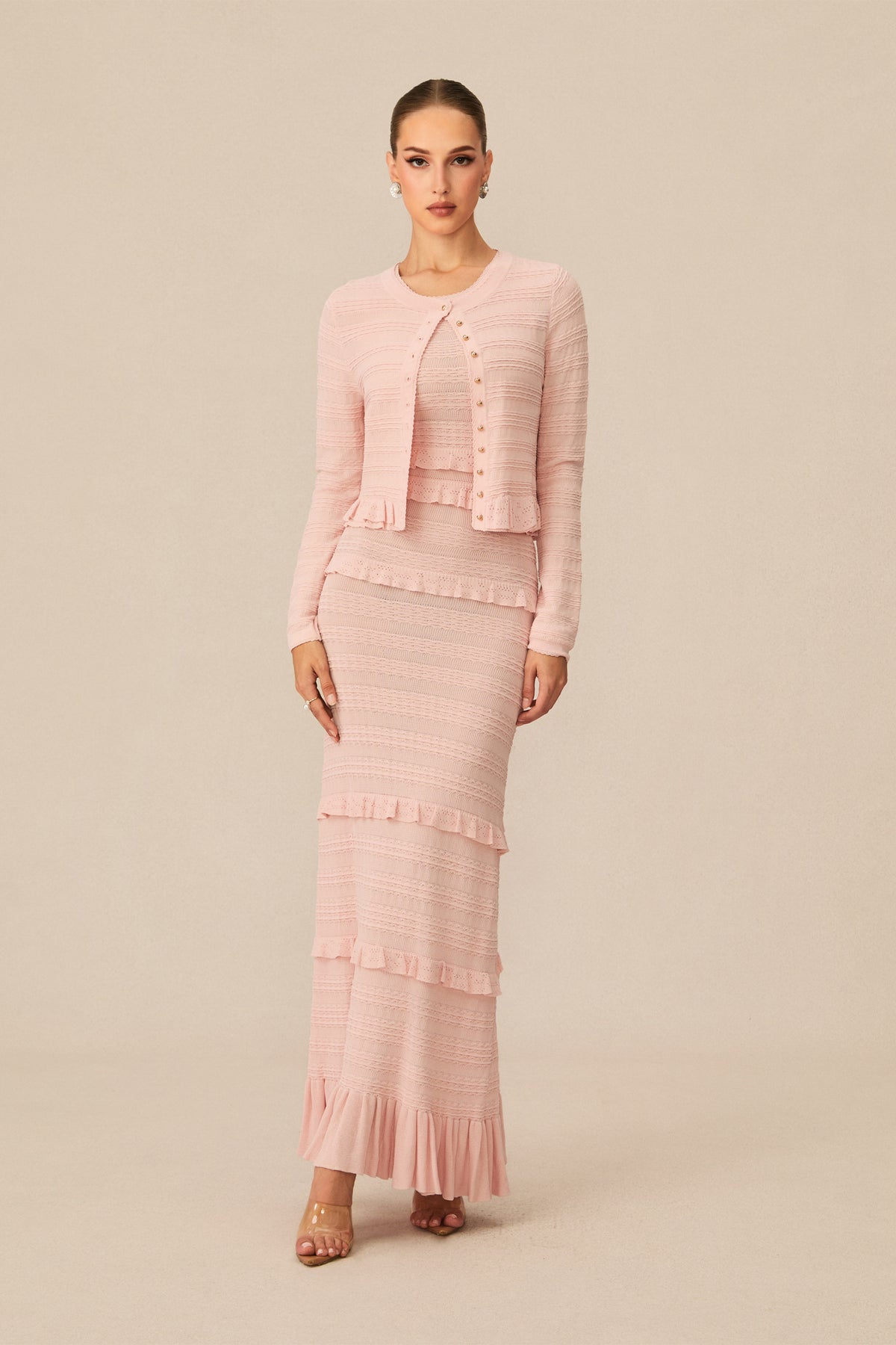Cute Simplicity Pink Textured Knit Maxi Dress & Cardigan Set