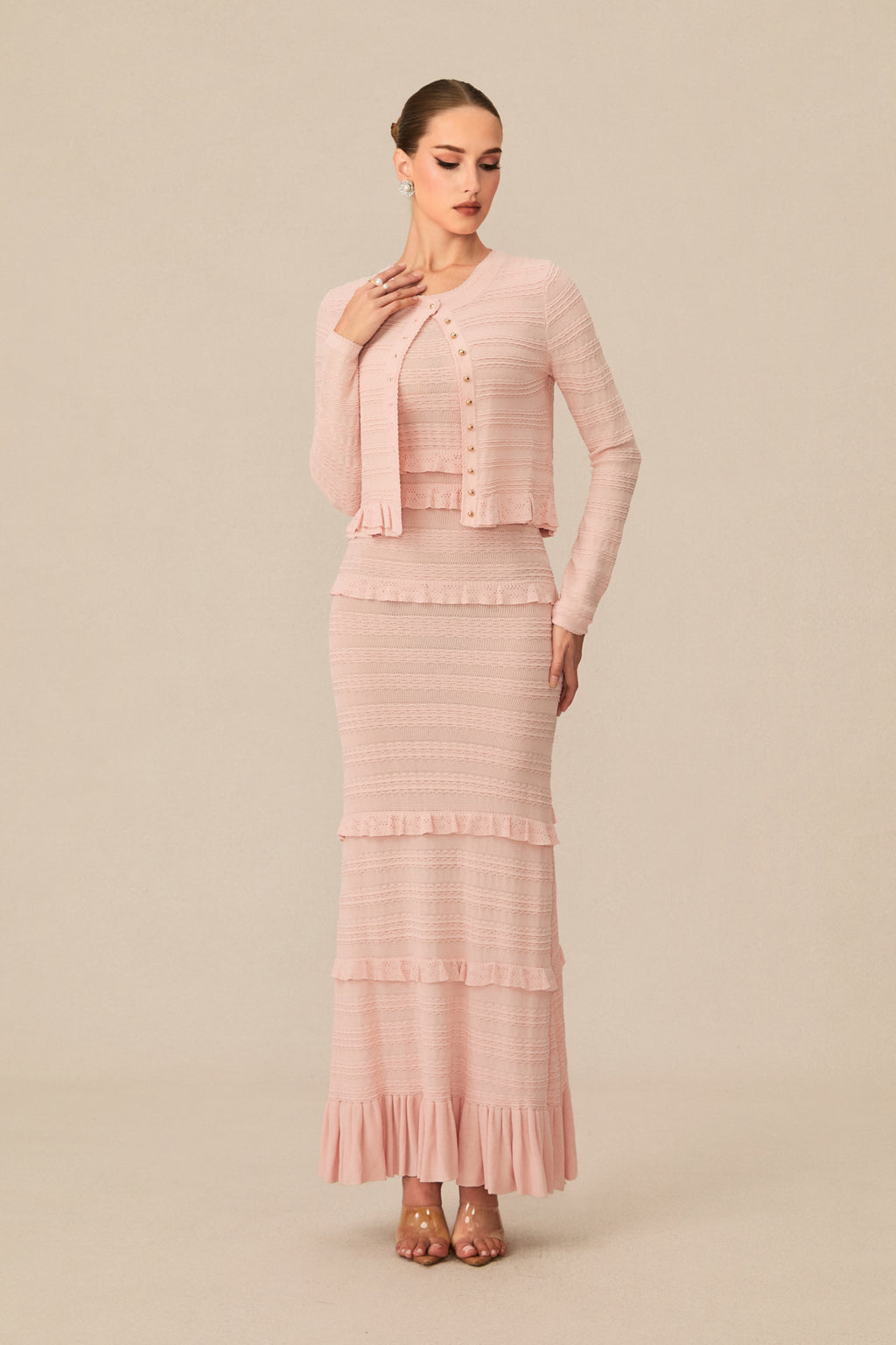 Cute Simplicity Pink Textured Knit Maxi Dress & Cardigan Set