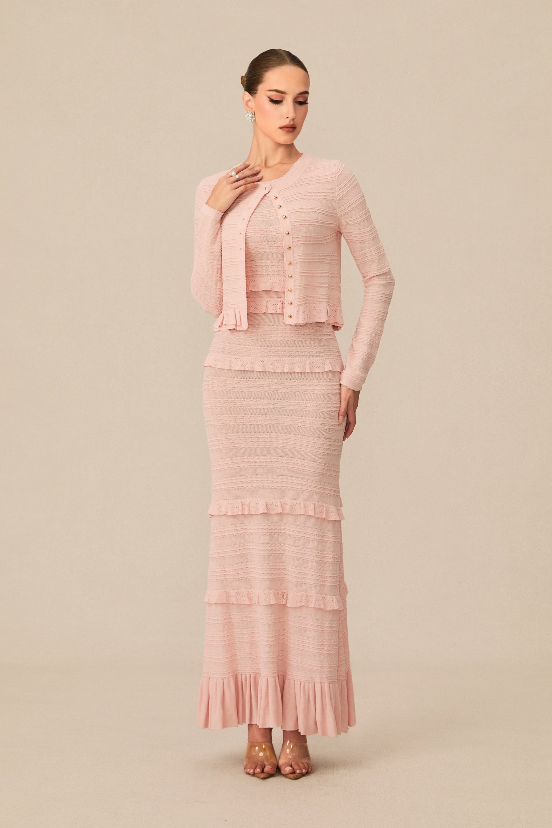 Cute Simplicity Pink Textured Knit Maxi Dress & Cardigan Set