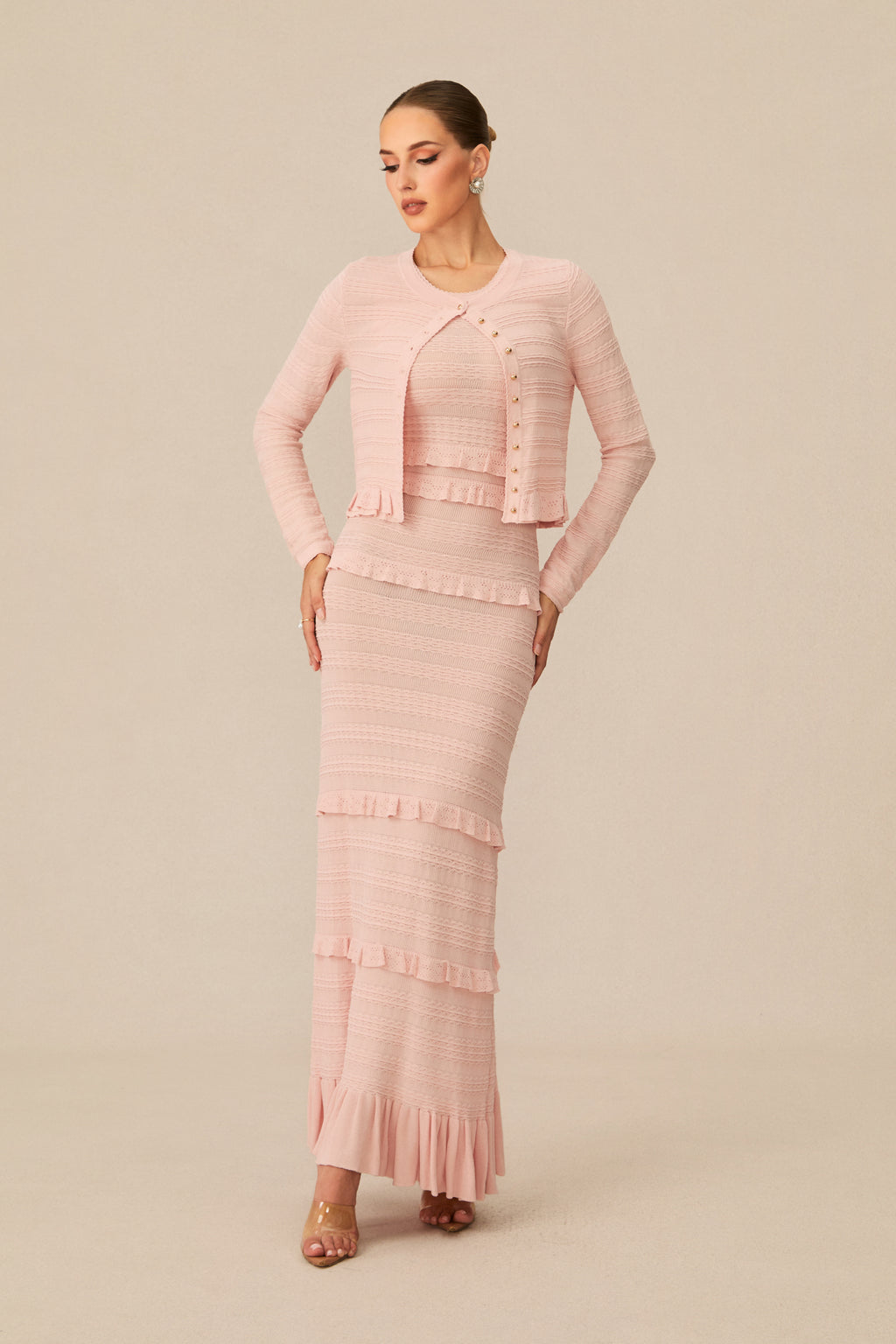 Cute Simplicity Pink Textured Knit Maxi Dress & Cardigan Set