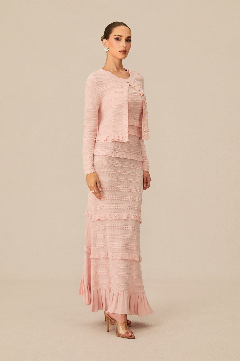 Cute Simplicity Pink Textured Knit Maxi Dress & Cardigan Set