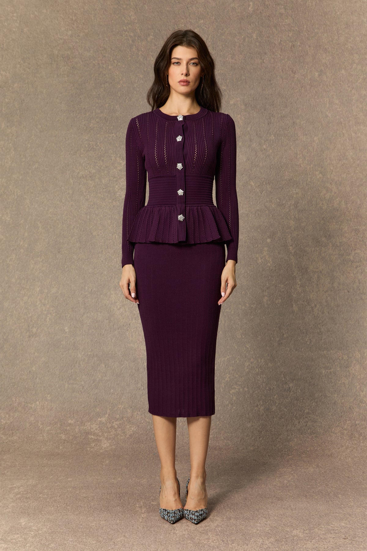 Chic Poise Purple Openwork Ruffled Knit Maxi Dress