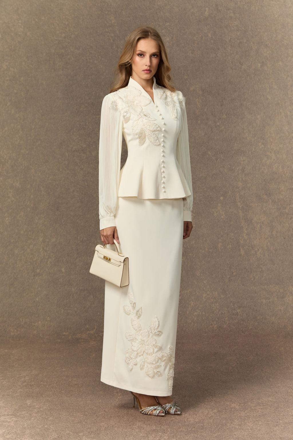 Dressed To Dazzle White Floral Embroidery Pleated Sleeve Skirt Set
