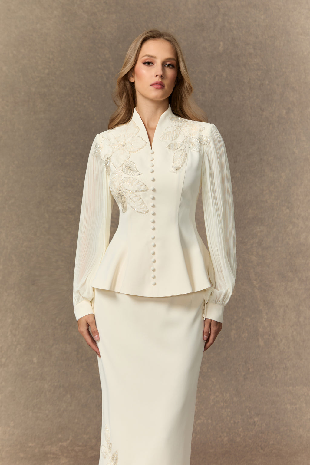 Dressed To Dazzle White Floral Embroidery Pleated Sleeve Skirt Set