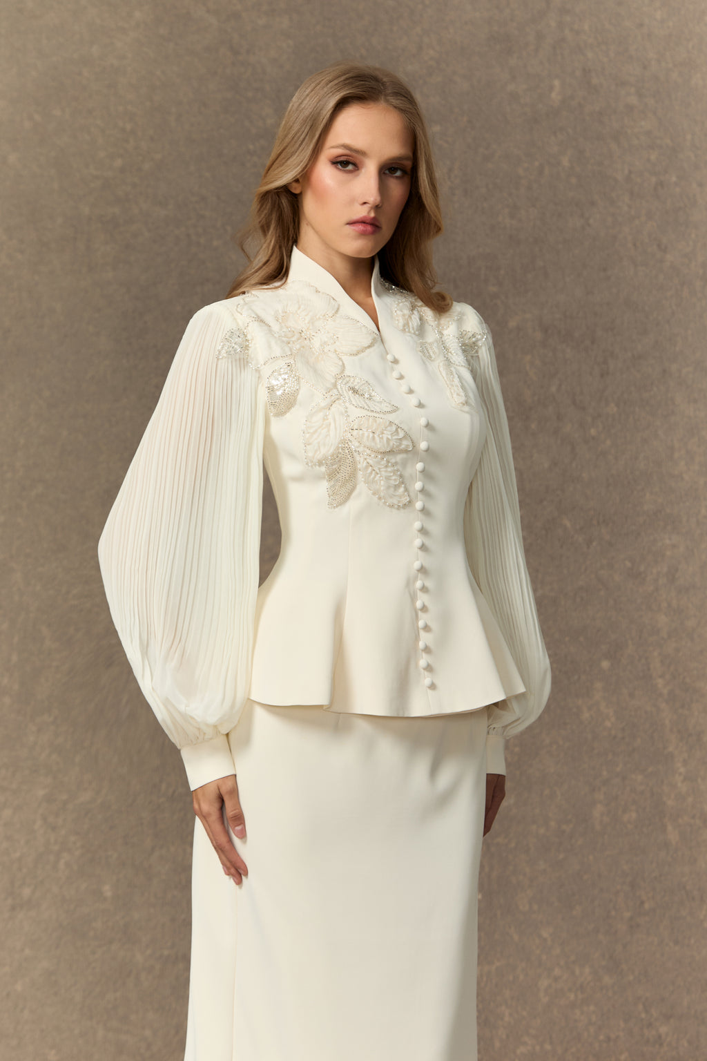 Dressed To Dazzle White Floral Embroidery Pleated Sleeve Skirt Set