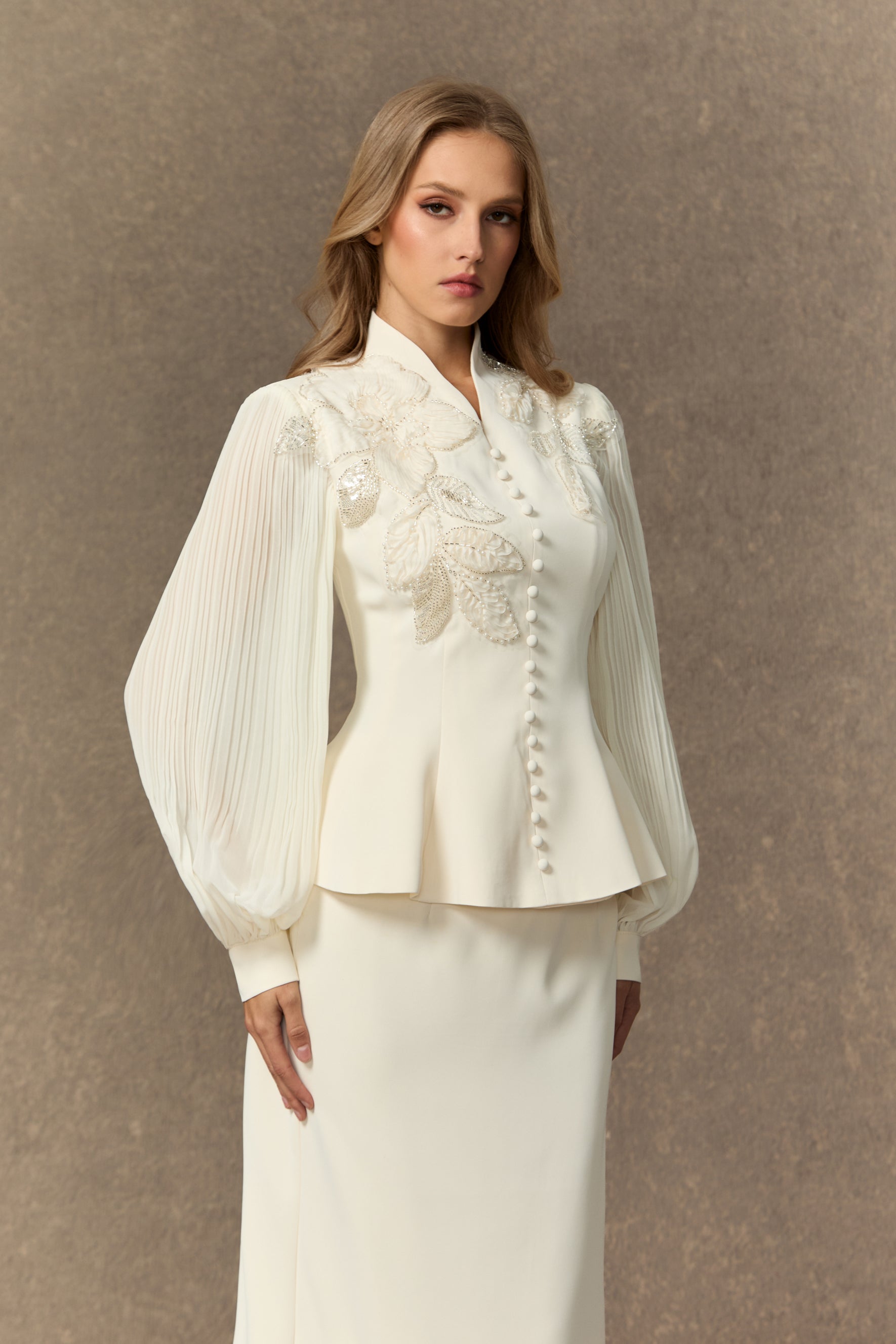 Dressed To Dazzle White Floral Embroidery Pleated Sleeve Skirt Set