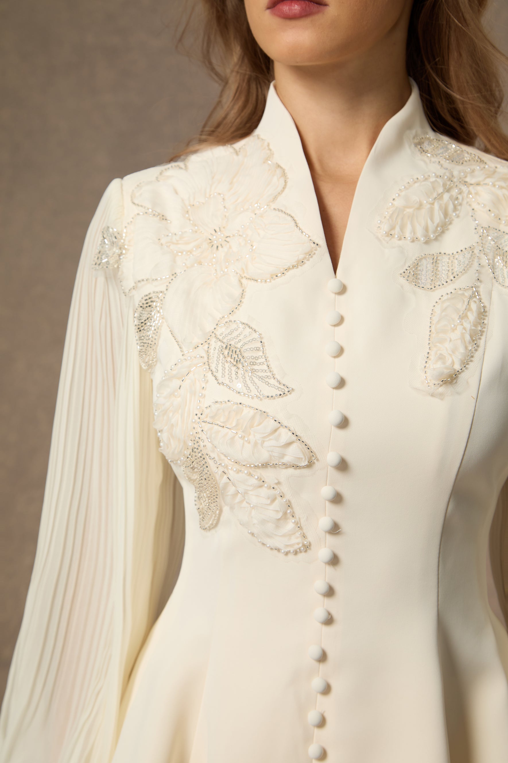 Dressed To Dazzle White Floral Embroidery Pleated Sleeve Skirt Set