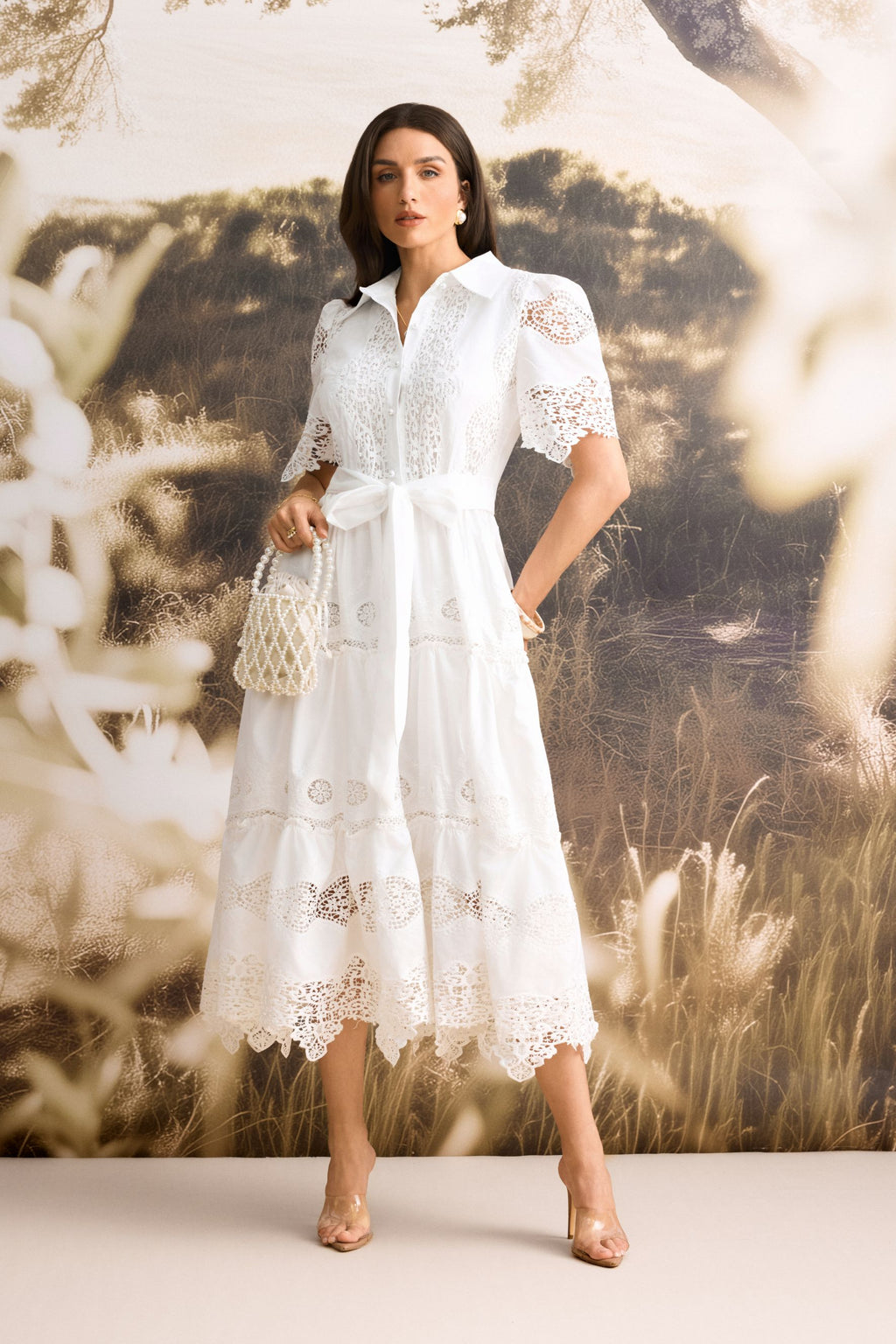 Ella Short Sleeve Embroidered Lace Midi Dress
