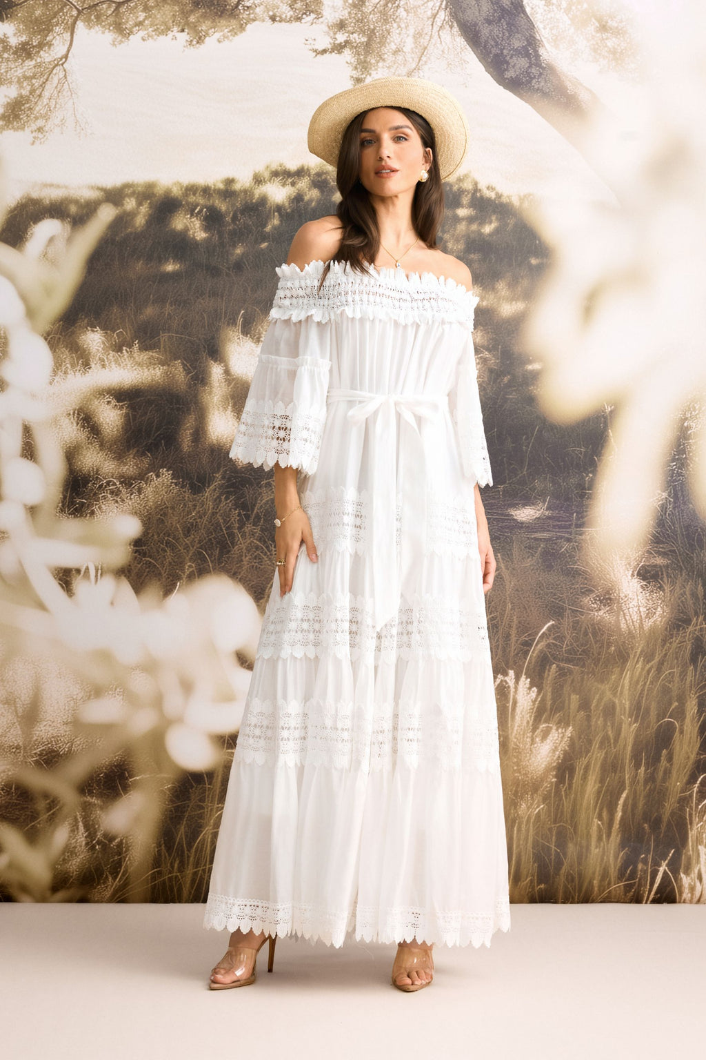 Maura Off Shoulder Lace Trim Maxi Dress