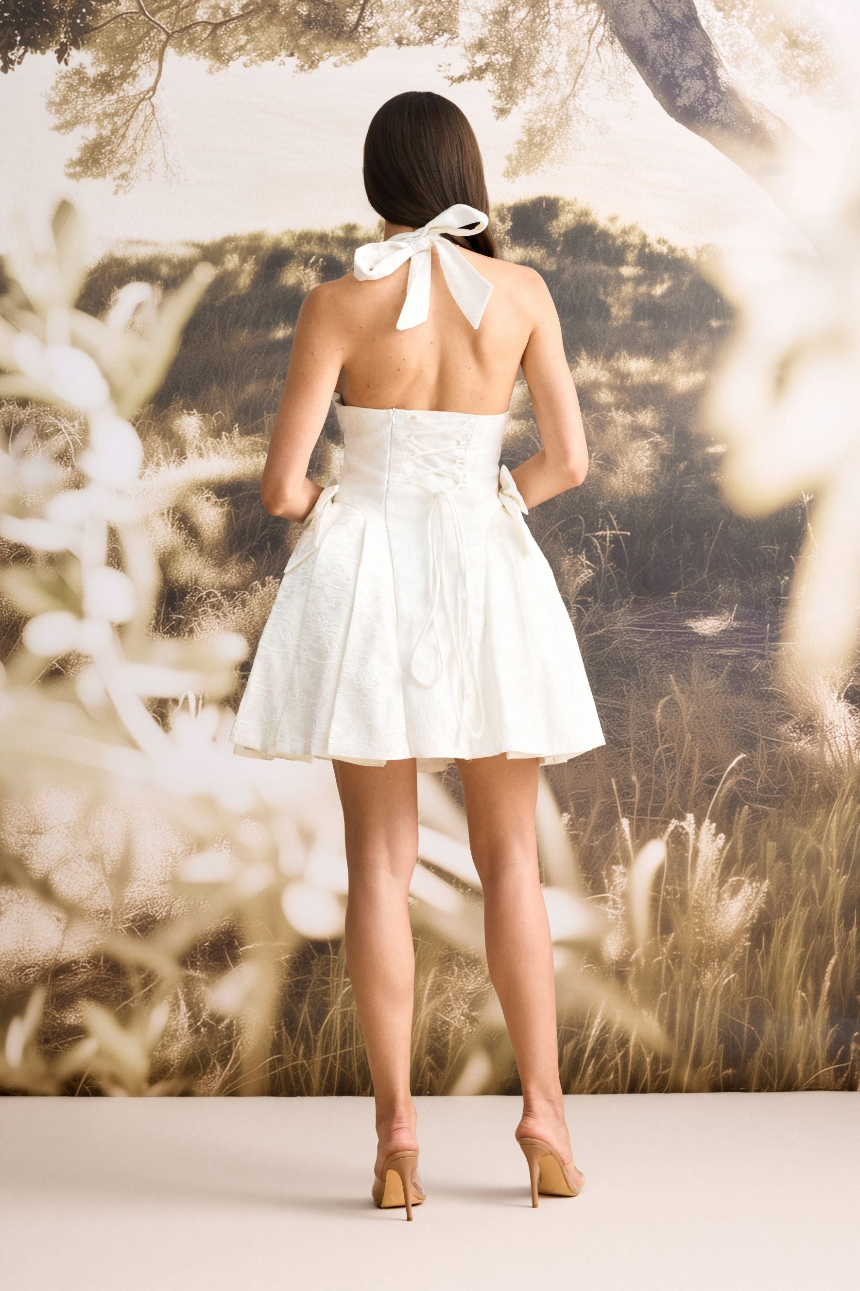 Emily Halter Neck Bow Detail Mini Dress