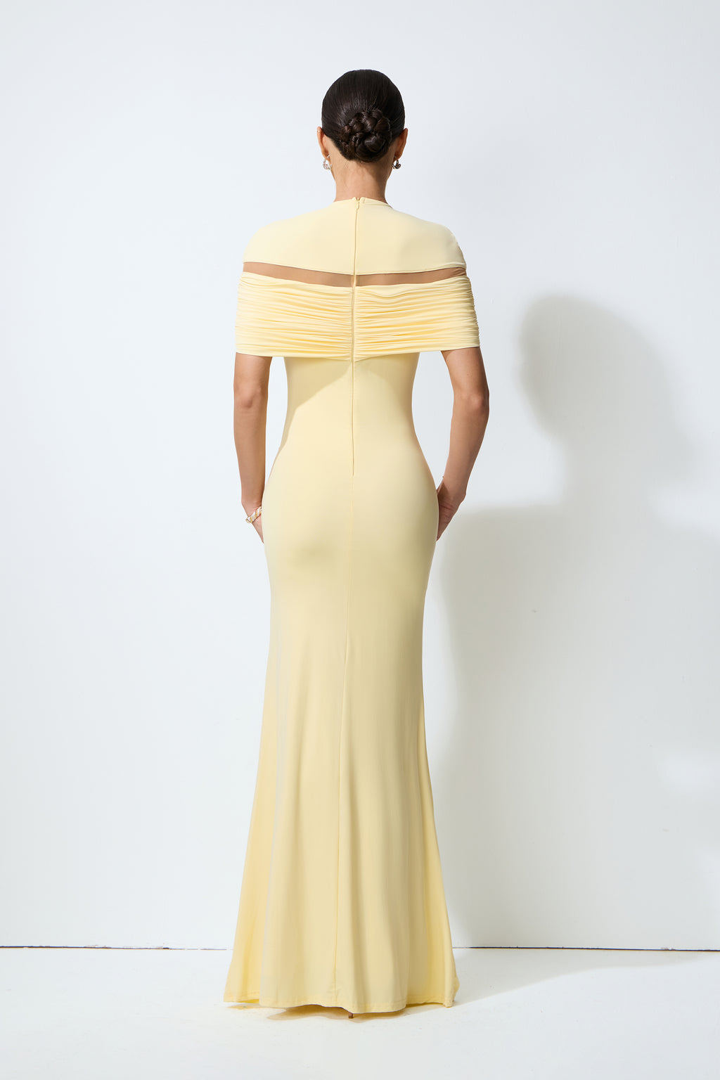 Softly Beautiful Yellow Ruched Crisscross Knit Maxi Dress