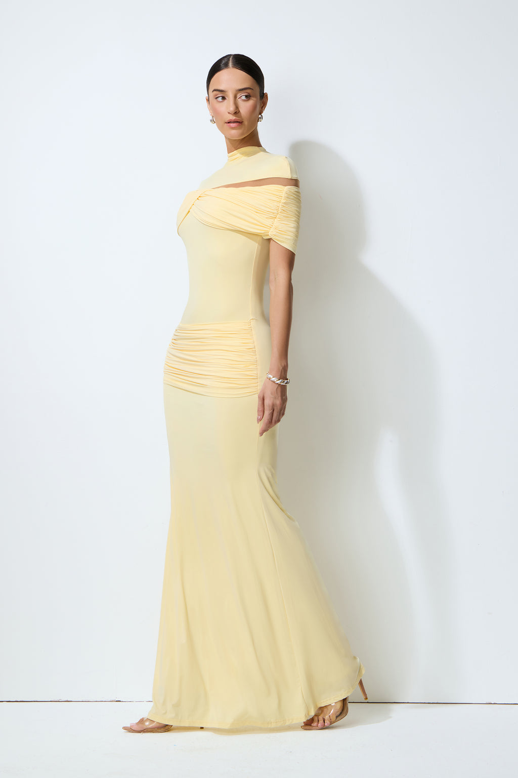 Softly Beautiful Yellow Ruched Crisscross Knit Maxi Dress