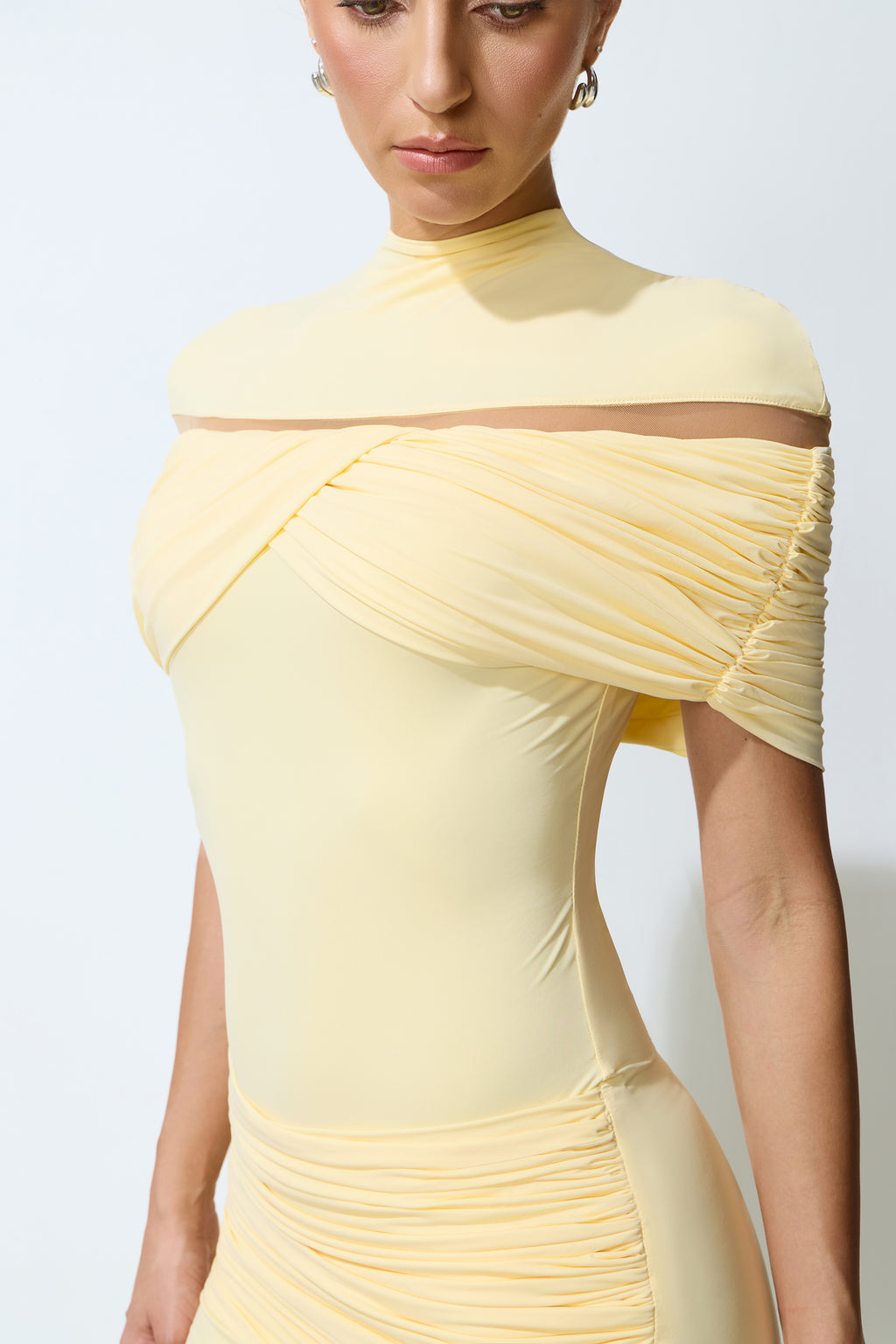 Softly Beautiful Yellow Ruched Crisscross Knit Maxi Dress