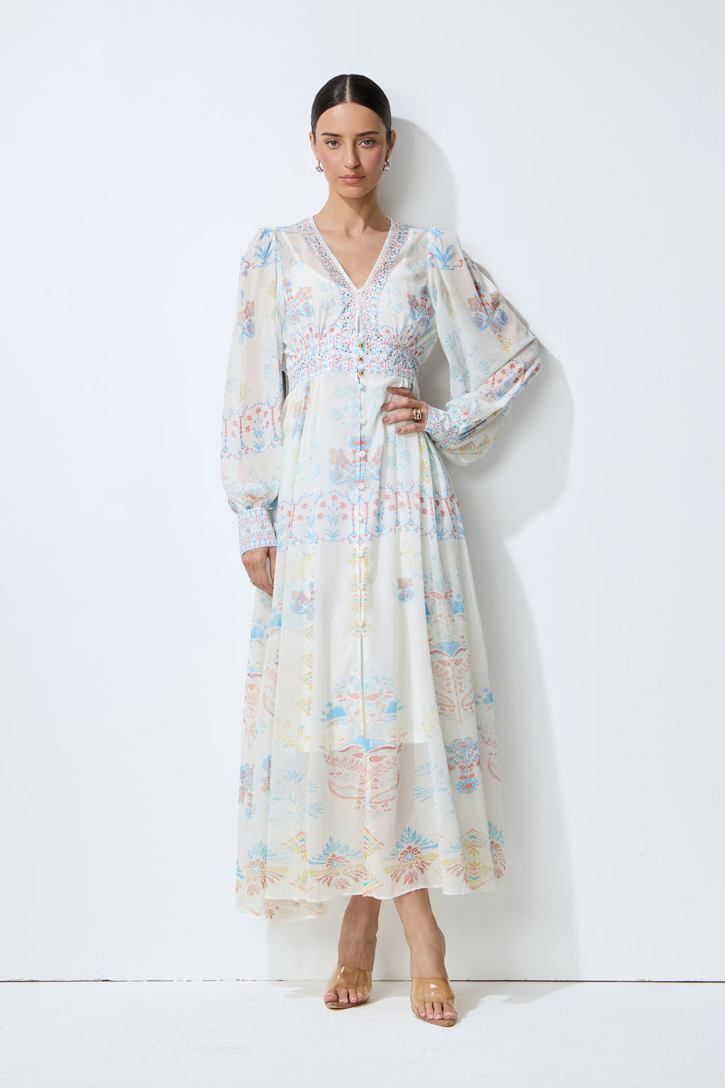 Morning Wanderer White Floral Print V-Neck Maxi Dress
