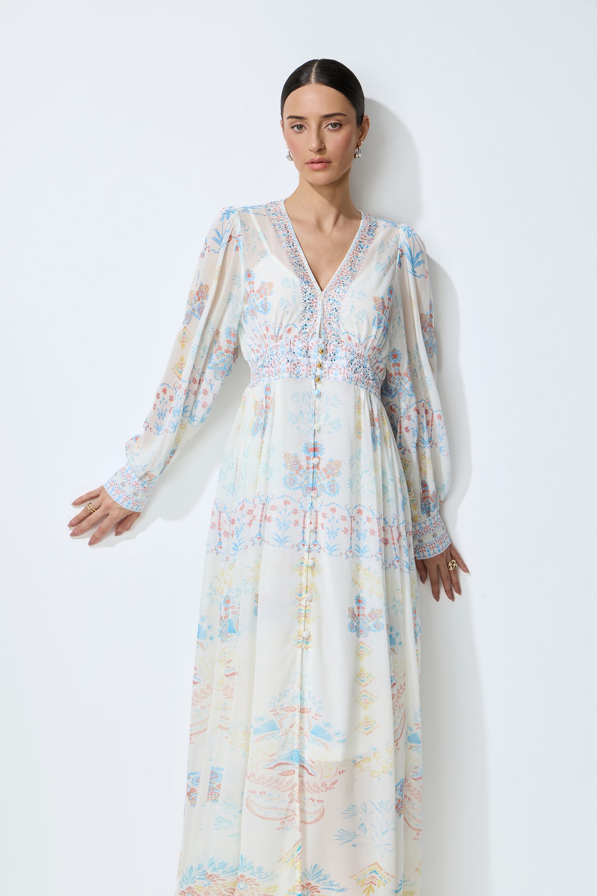 Morning Wanderer White Floral Print V-Neck Maxi Dress