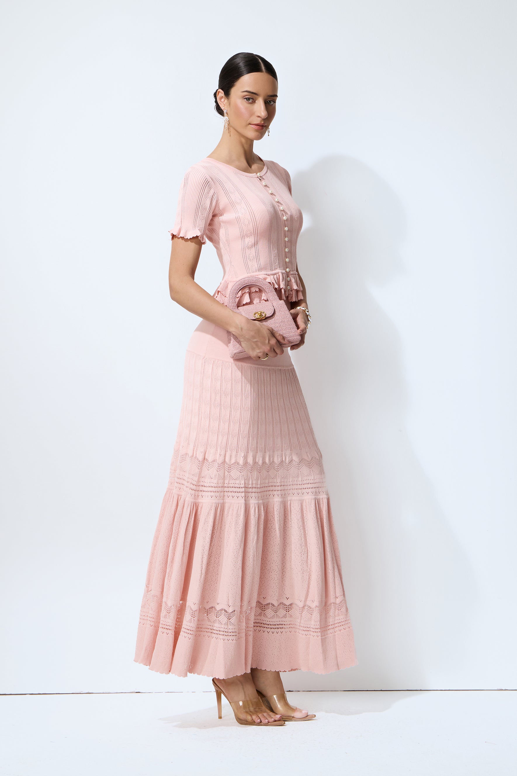 Sweetly Poised Pink Peplum Ruffle Knit Top & Skirt Set