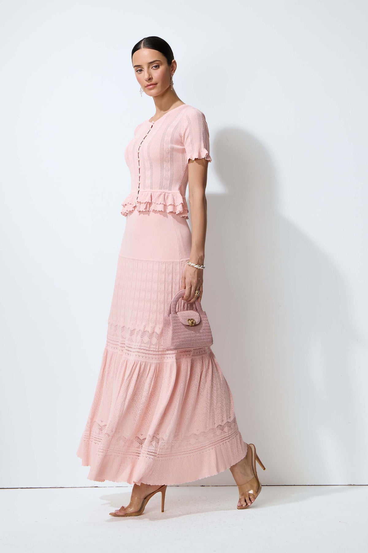 Sweetly Poised Pink Peplum Ruffle Knit Top & Skirt Set