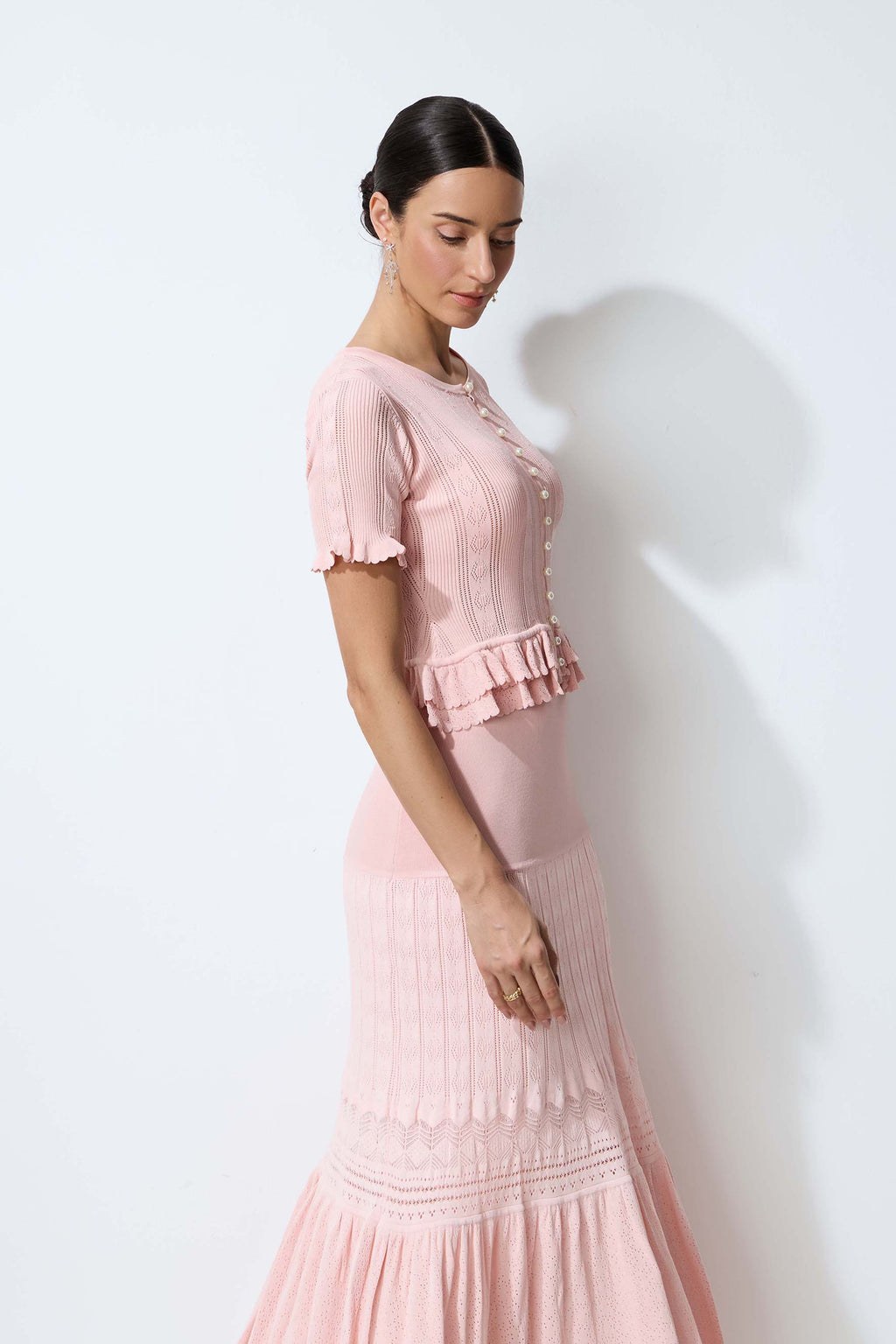 Sweetly Poised Pink Peplum Ruffle Knit Top & Skirt Set